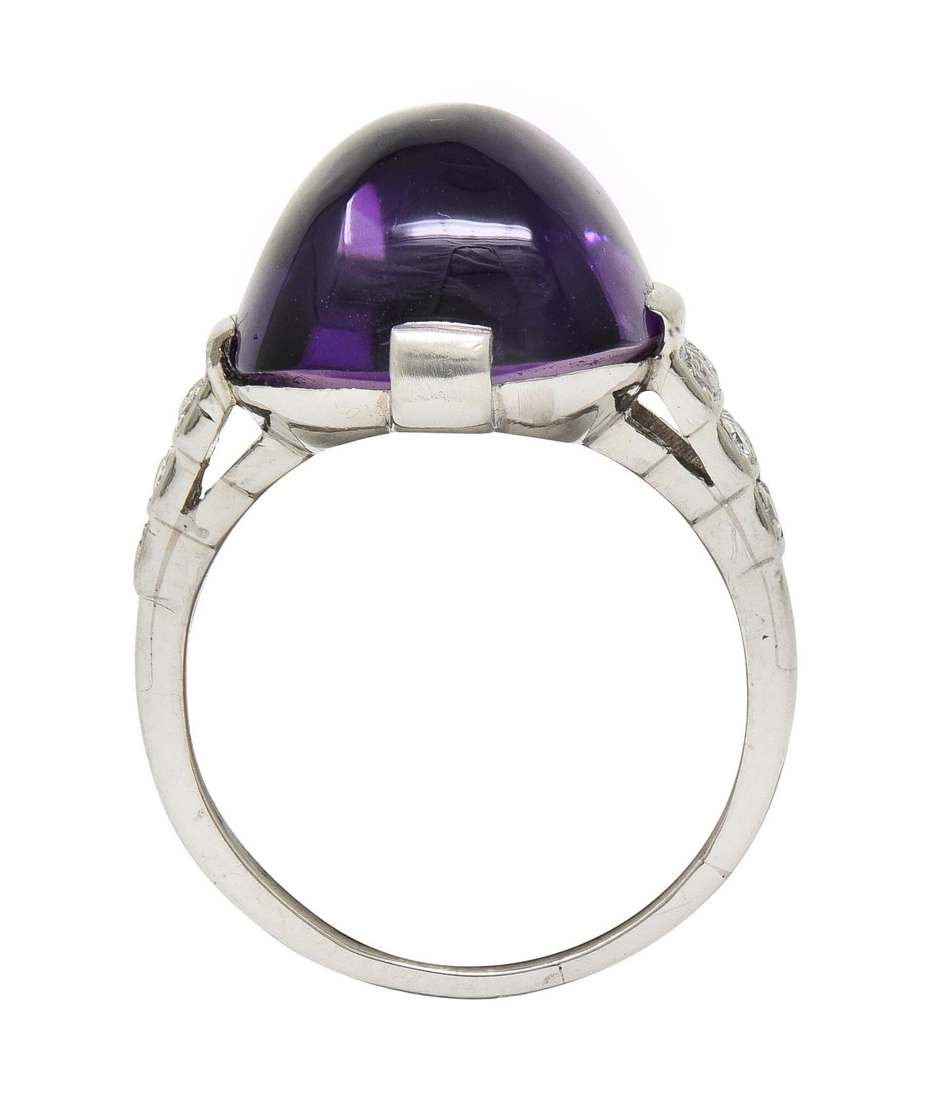 Art Deco Amethyst Cabochon Diamond Platinum Vintage Stepped Cocktail Ring