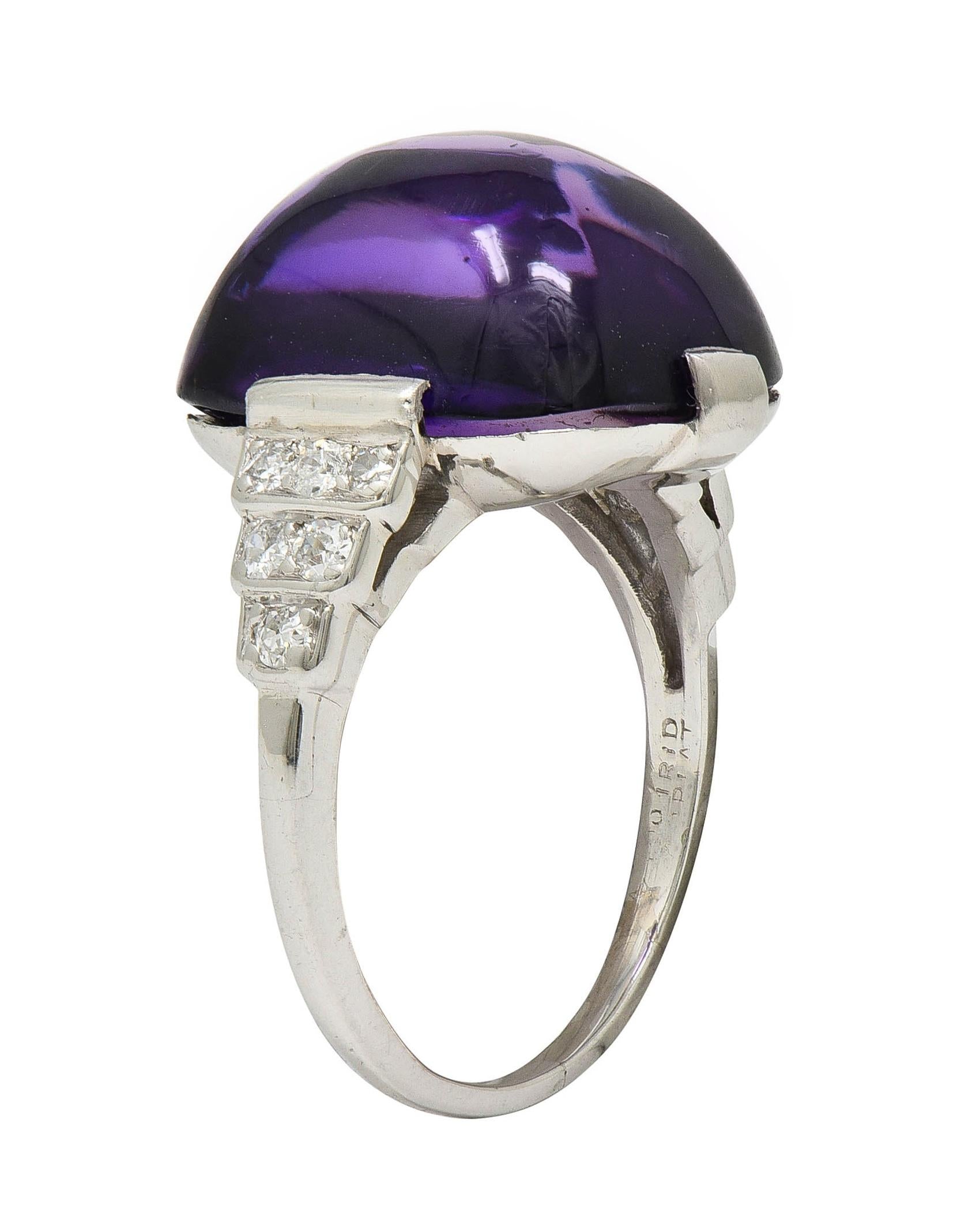 Art Deco Amethyst Cabochon Diamond Platinum Vintage Stepped Cocktail Ring