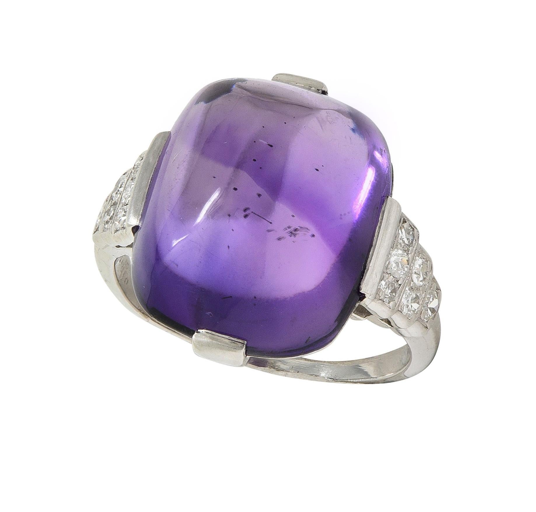 Art Deco Amethyst Cabochon Diamond Platinum Vintage Stepped Cocktail Ring