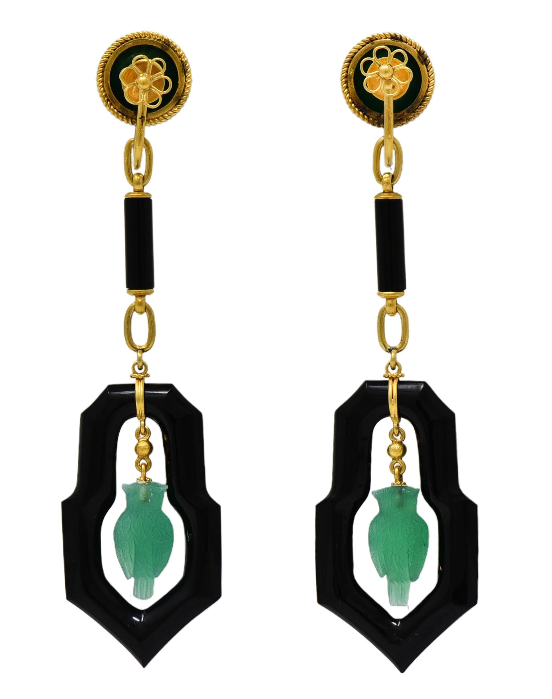 Art Deco Chrysoprase Onyx 14K Yellow Gold Owl Antique Screw-Back Drop Earrings