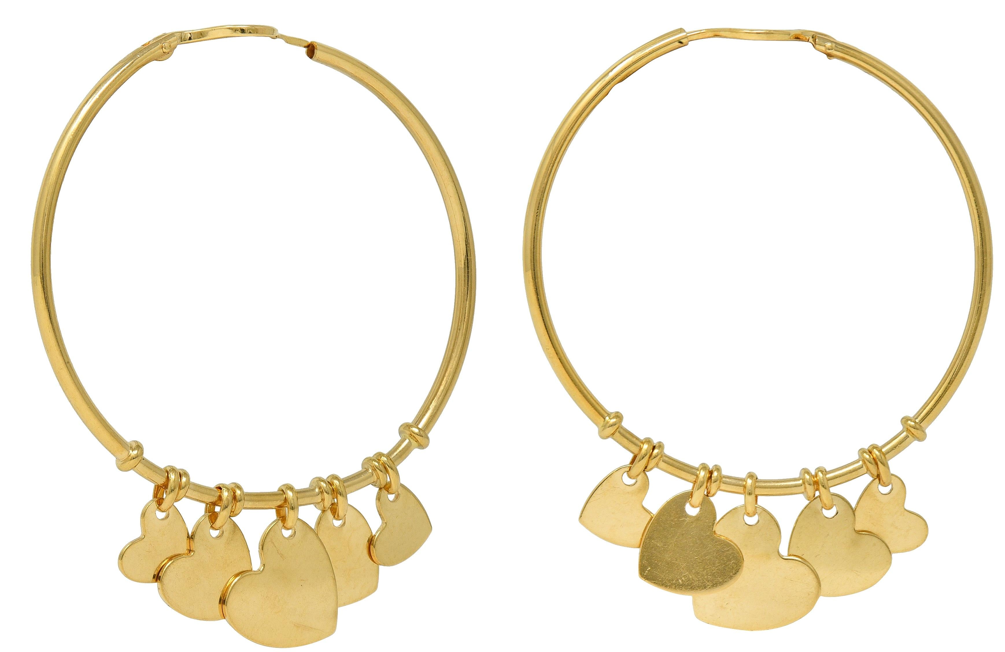 Dior French 18 Karat Yellow Gold Vintage Cœur Léger Heart Charm Hoop Earrings