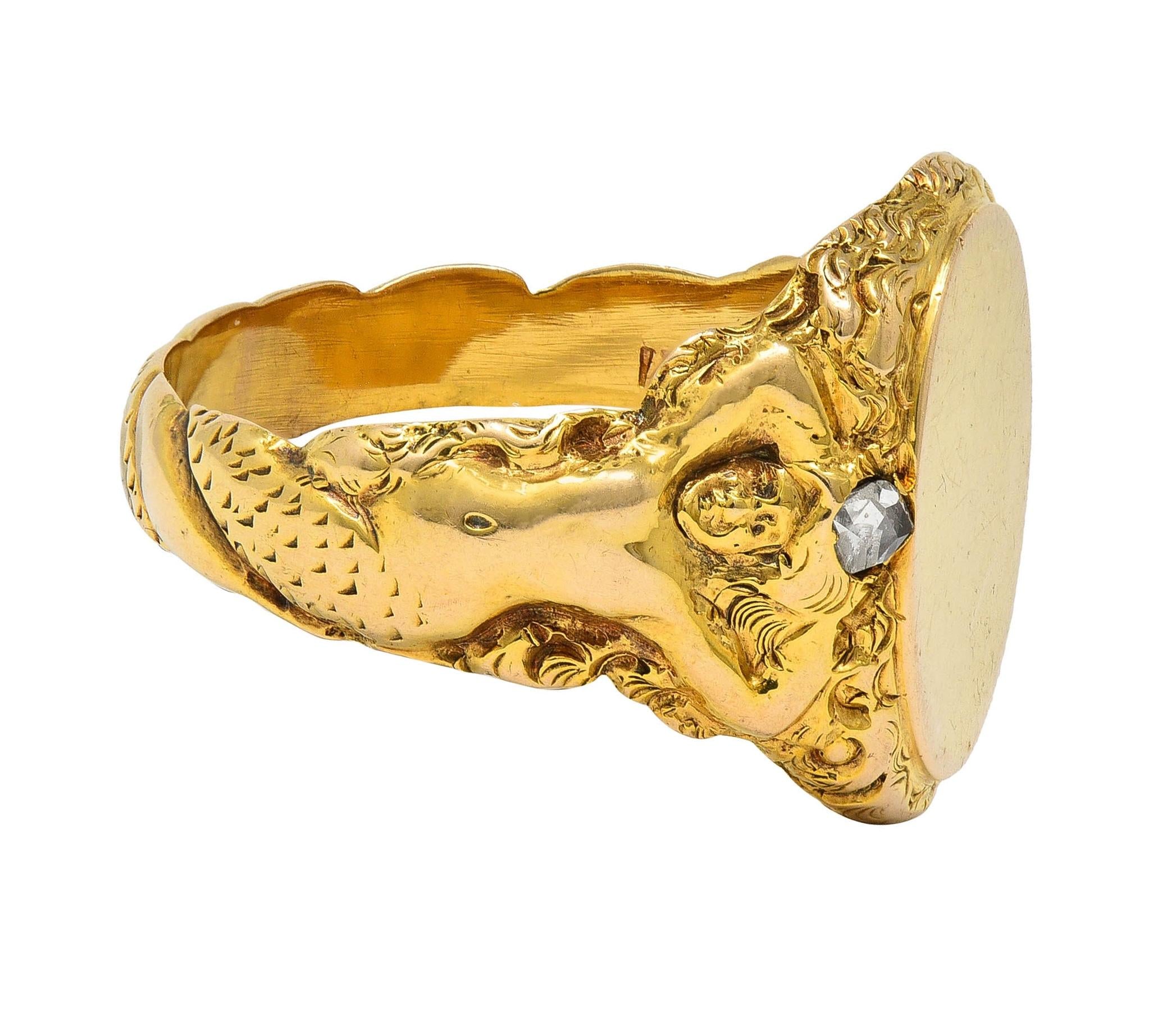 Art Nouveau Diamond 14 Karat Yellow Gold Antique Mermaid Signet Ring