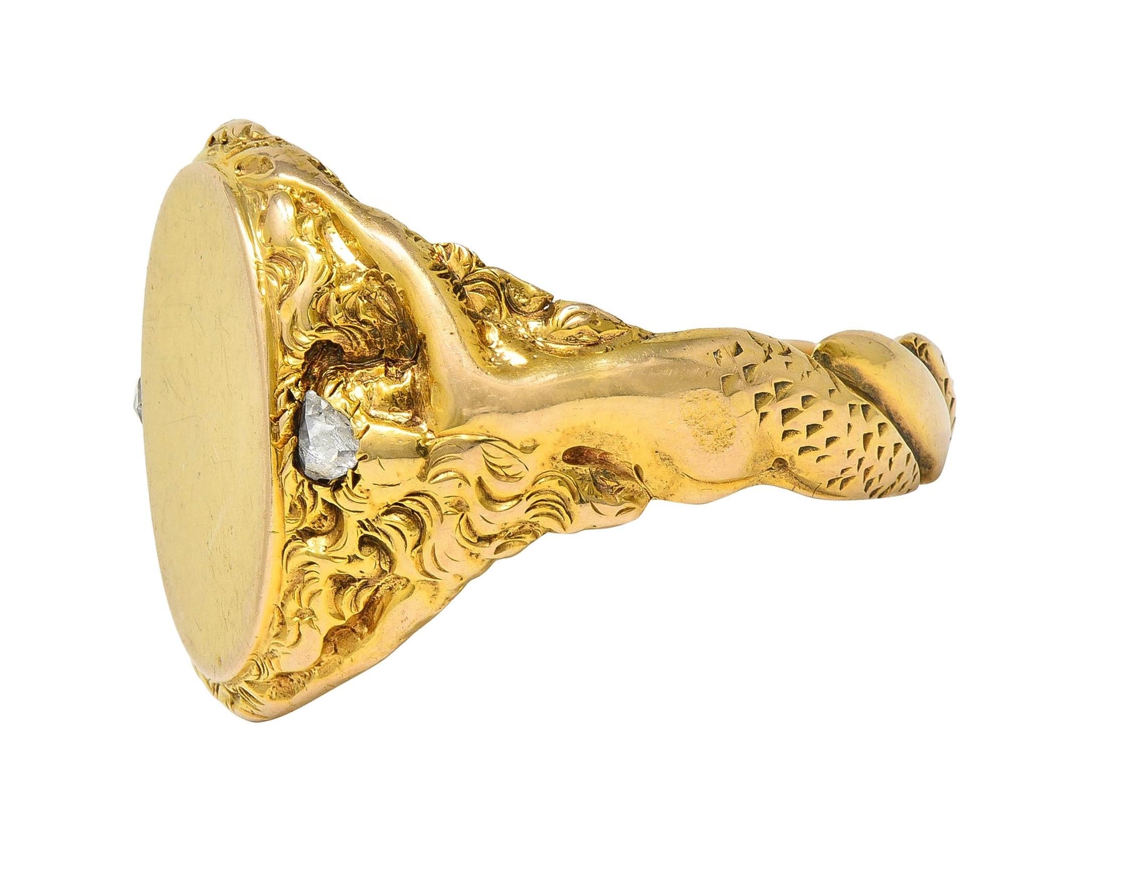 Art Nouveau Diamond 14 Karat Yellow Gold Antique Mermaid Signet Ring