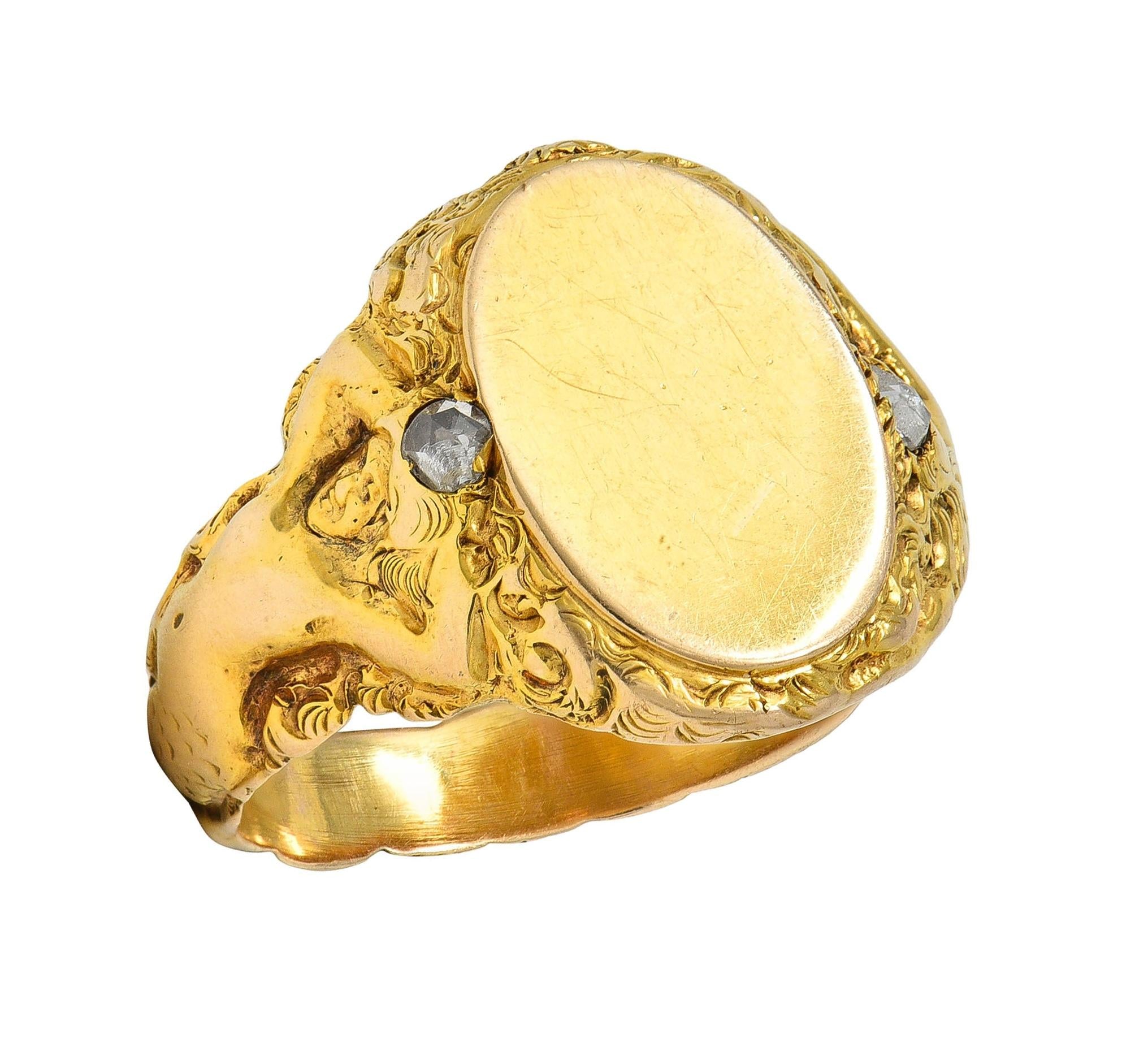 Art Nouveau Diamond 14 Karat Yellow Gold Antique Mermaid Signet Ring