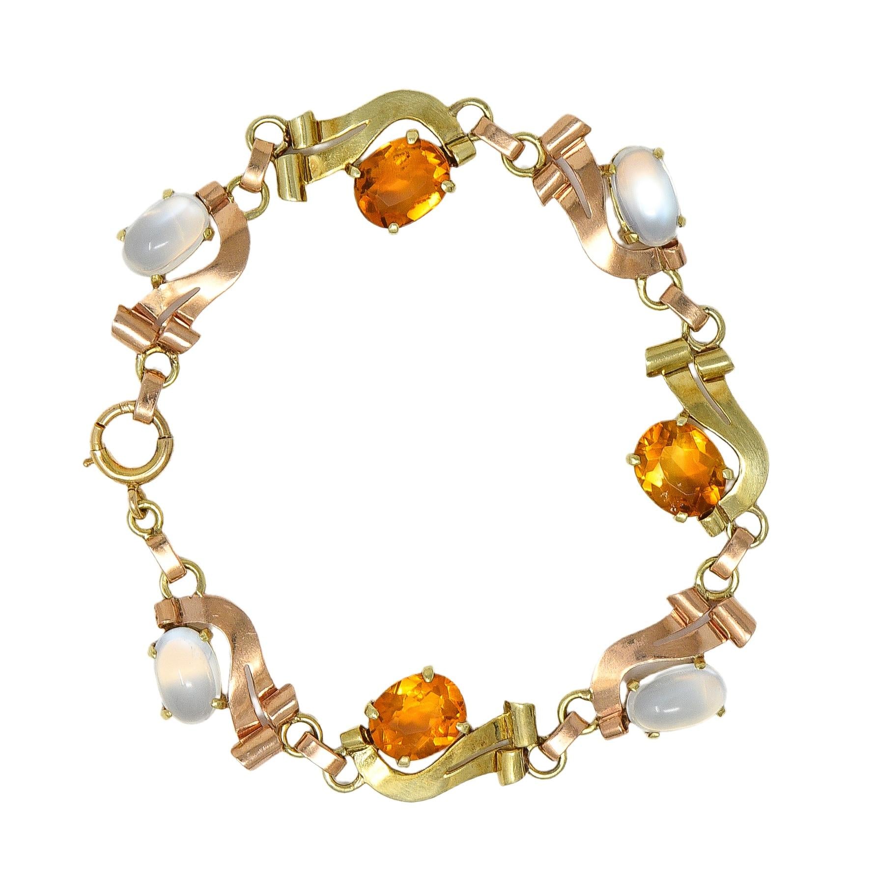 Retro Citrine Moonstone 14 Karat Two-Tone Gold Vintage Ribbon Link Bracelet