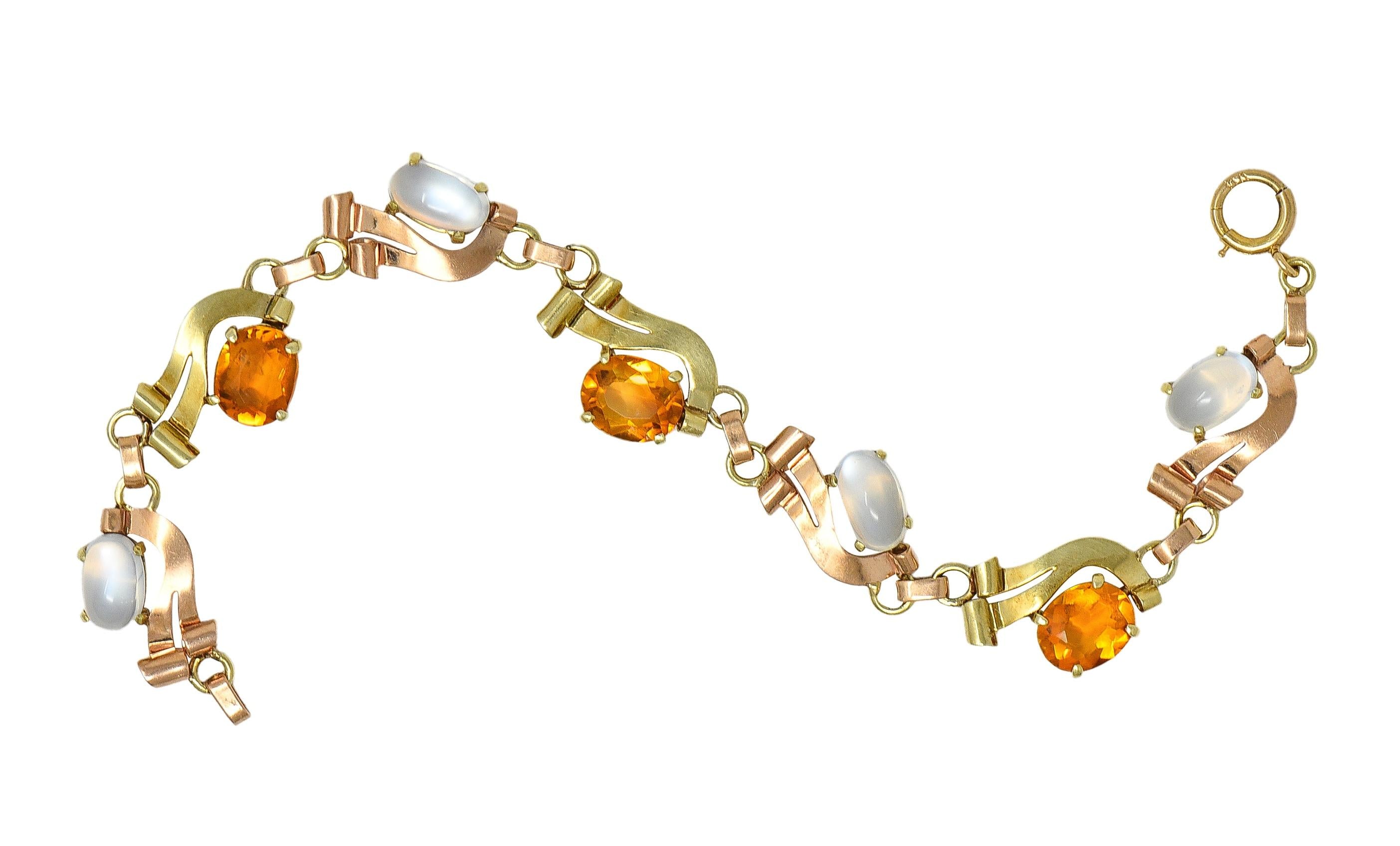 Retro Citrine Moonstone 14 Karat Two-Tone Gold Vintage Ribbon Link Bracelet