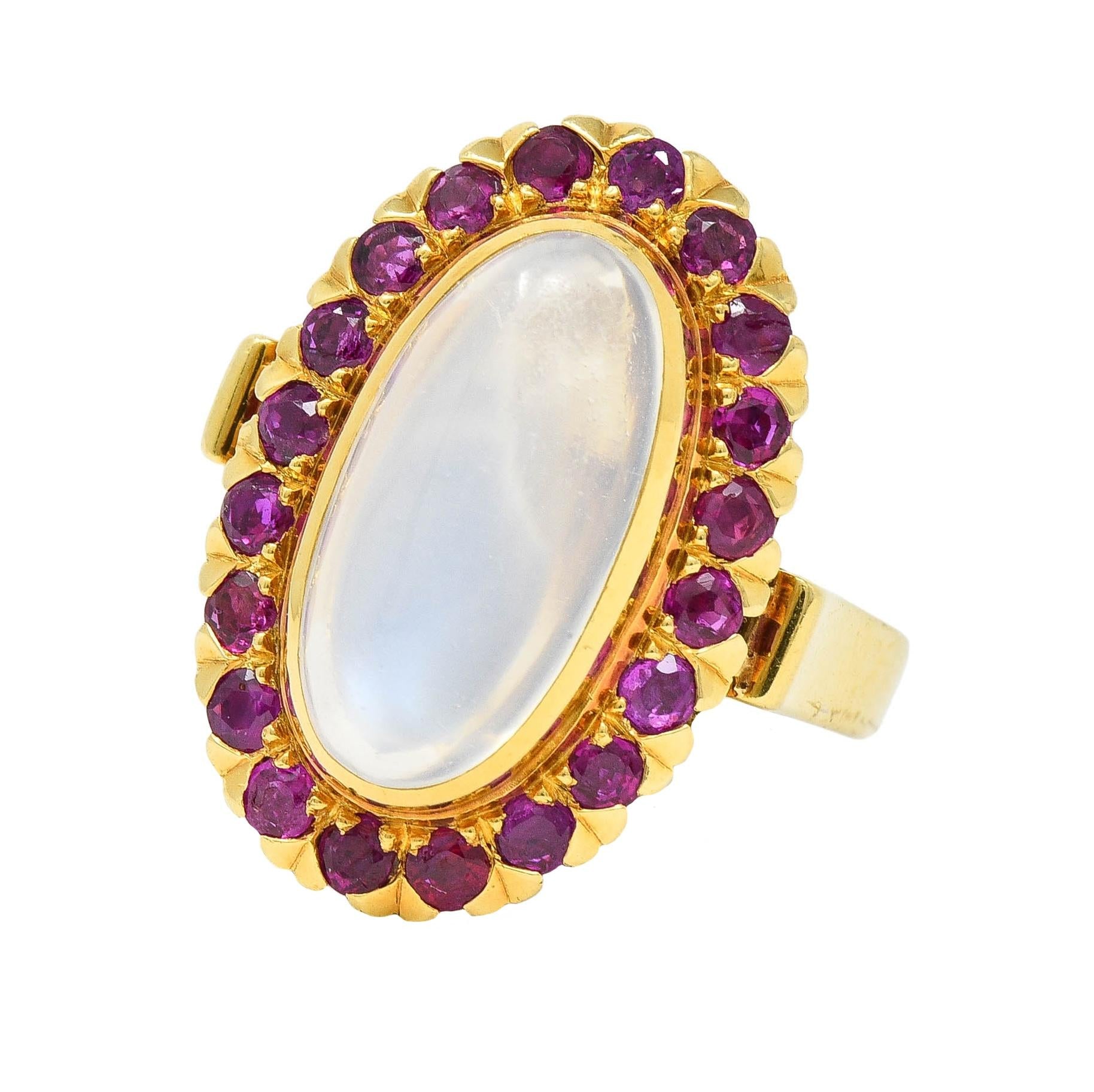 1960s 1.60 CTW Ruby Moonstone 18 Karat Yellow Gold Vintage Halo Ring