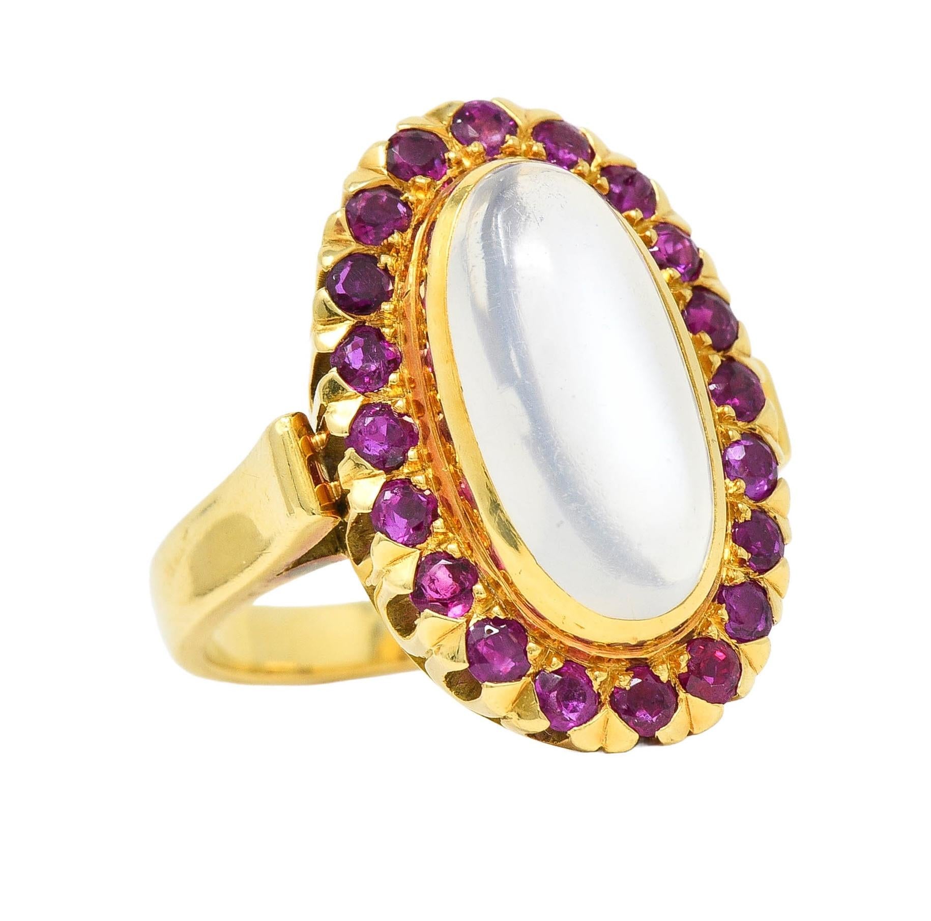 1960s 1.60 CTW Ruby Moonstone 18 Karat Yellow Gold Vintage Halo Ring