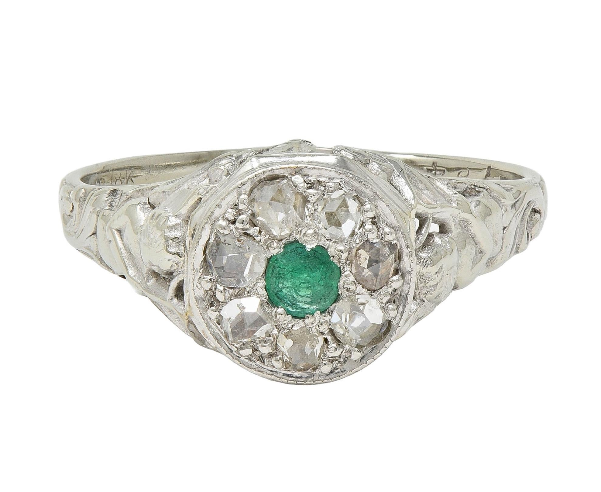 1940's Emerald Diamond 18 Karat White Gold Vintage Cupid Cluster Ring