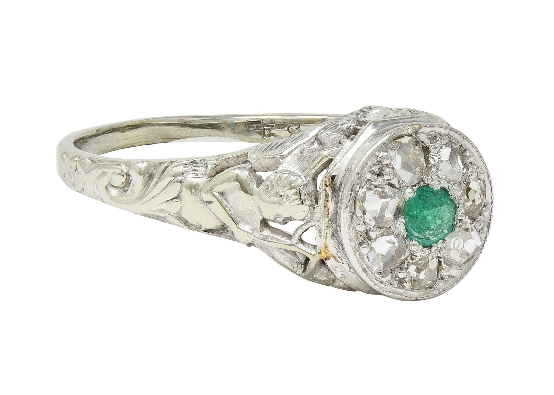 1940's Emerald Diamond 18 Karat White Gold Vintage Cupid Cluster Ring