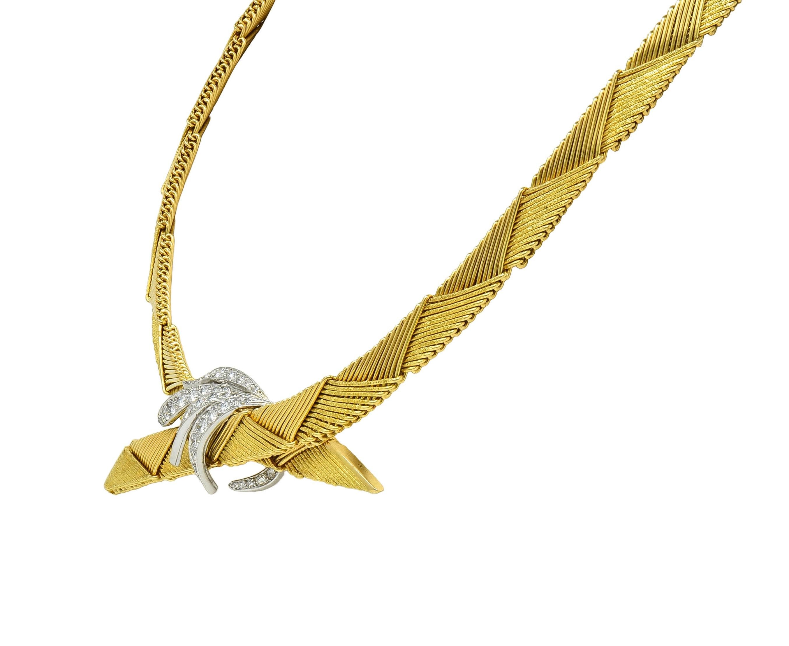 French Vintage 18 Karat Yellow Gold Platinum Diamond Bypass Spray Necklace