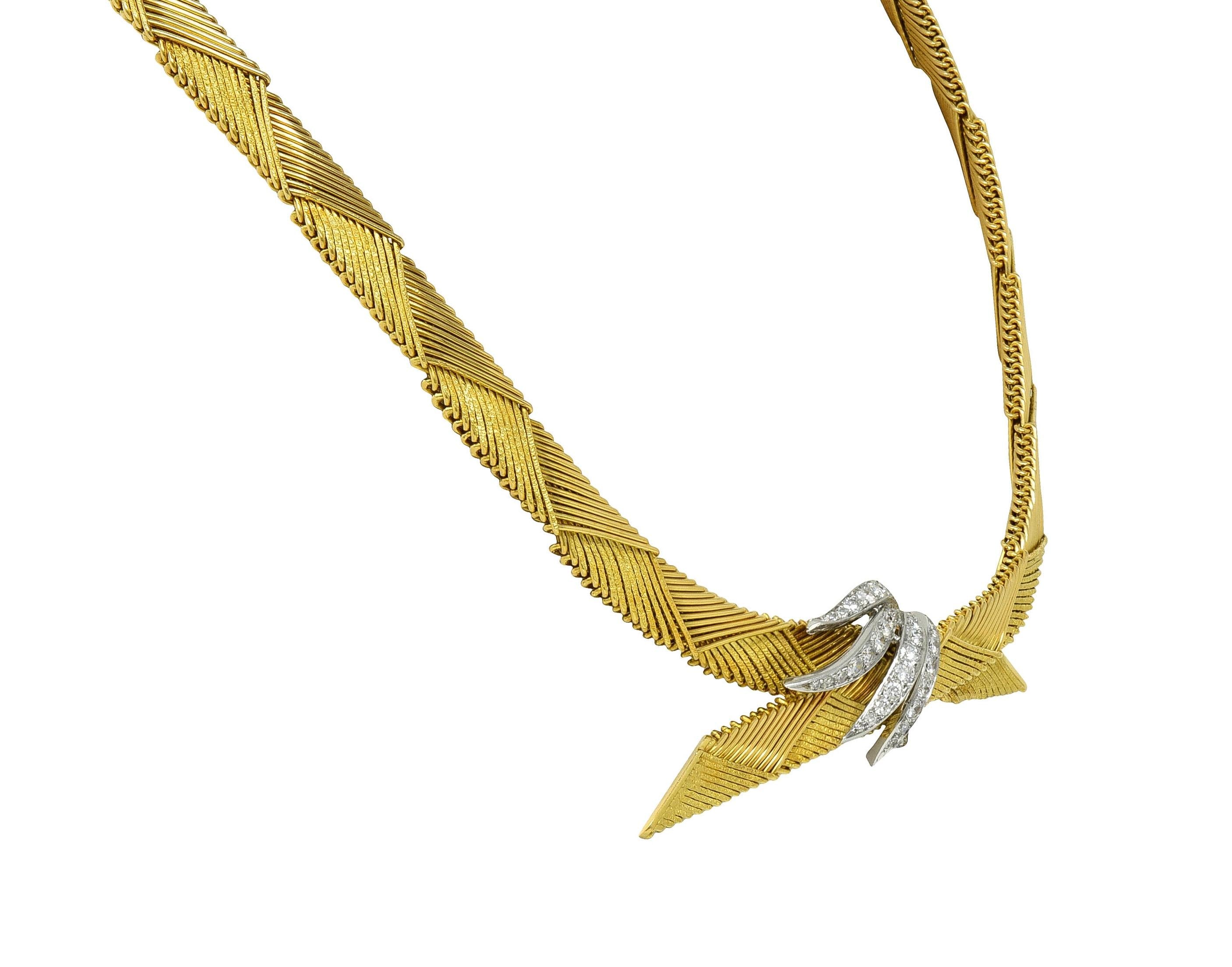 French Vintage 18 Karat Yellow Gold Platinum Diamond Bypass Spray Necklace