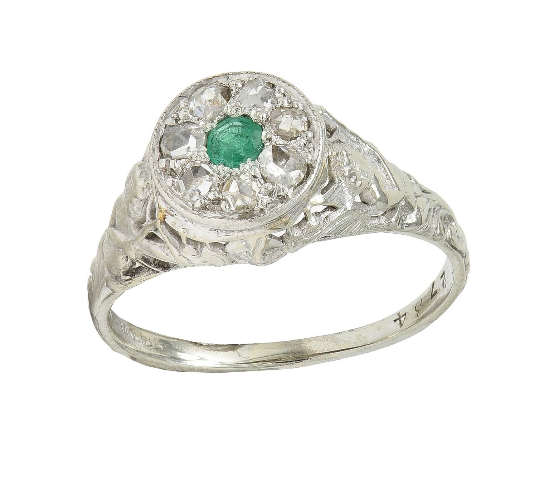 1940's Emerald Diamond 18 Karat White Gold Vintage Cupid Cluster Ring