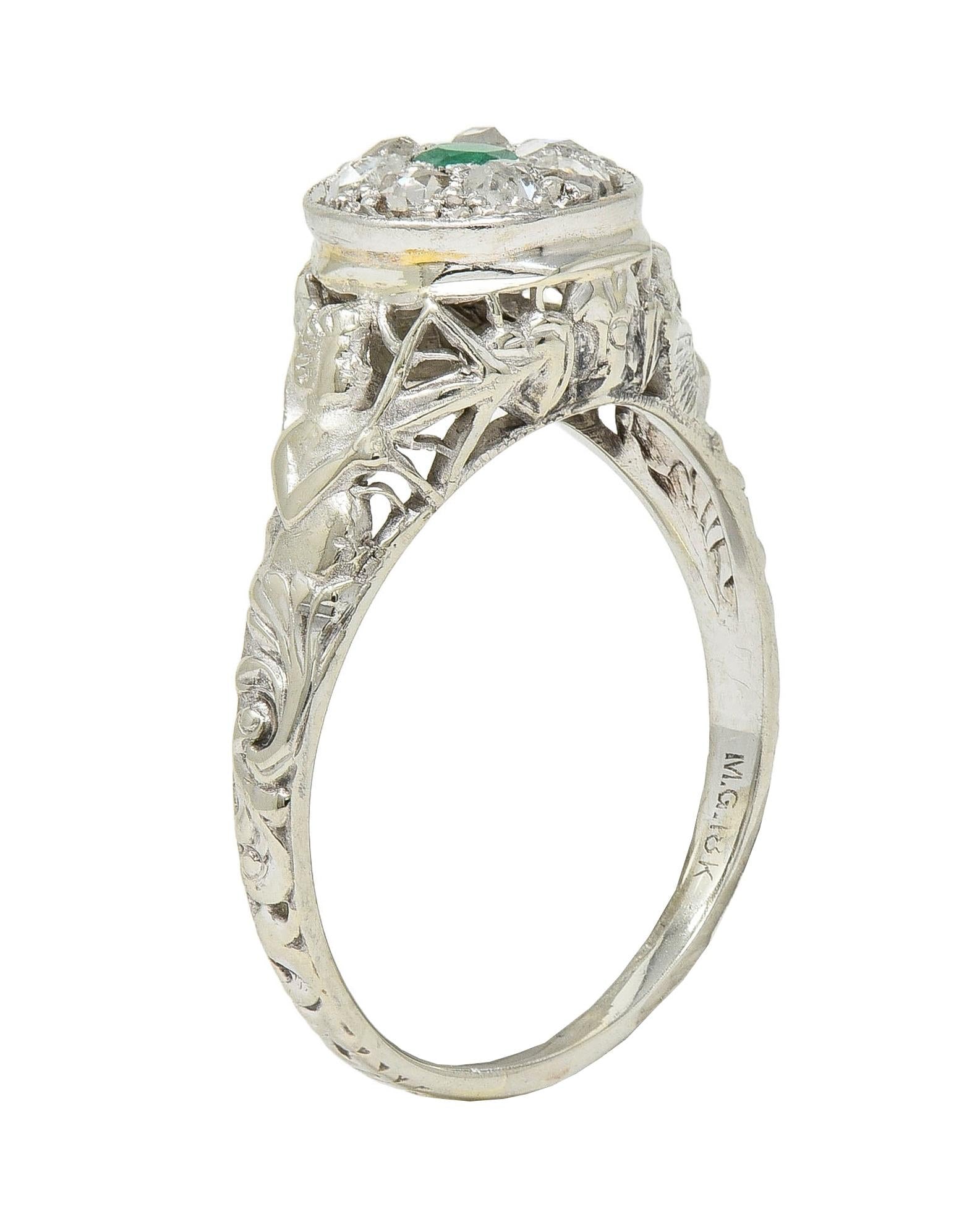 1940's Emerald Diamond 18 Karat White Gold Vintage Cupid Cluster Ring