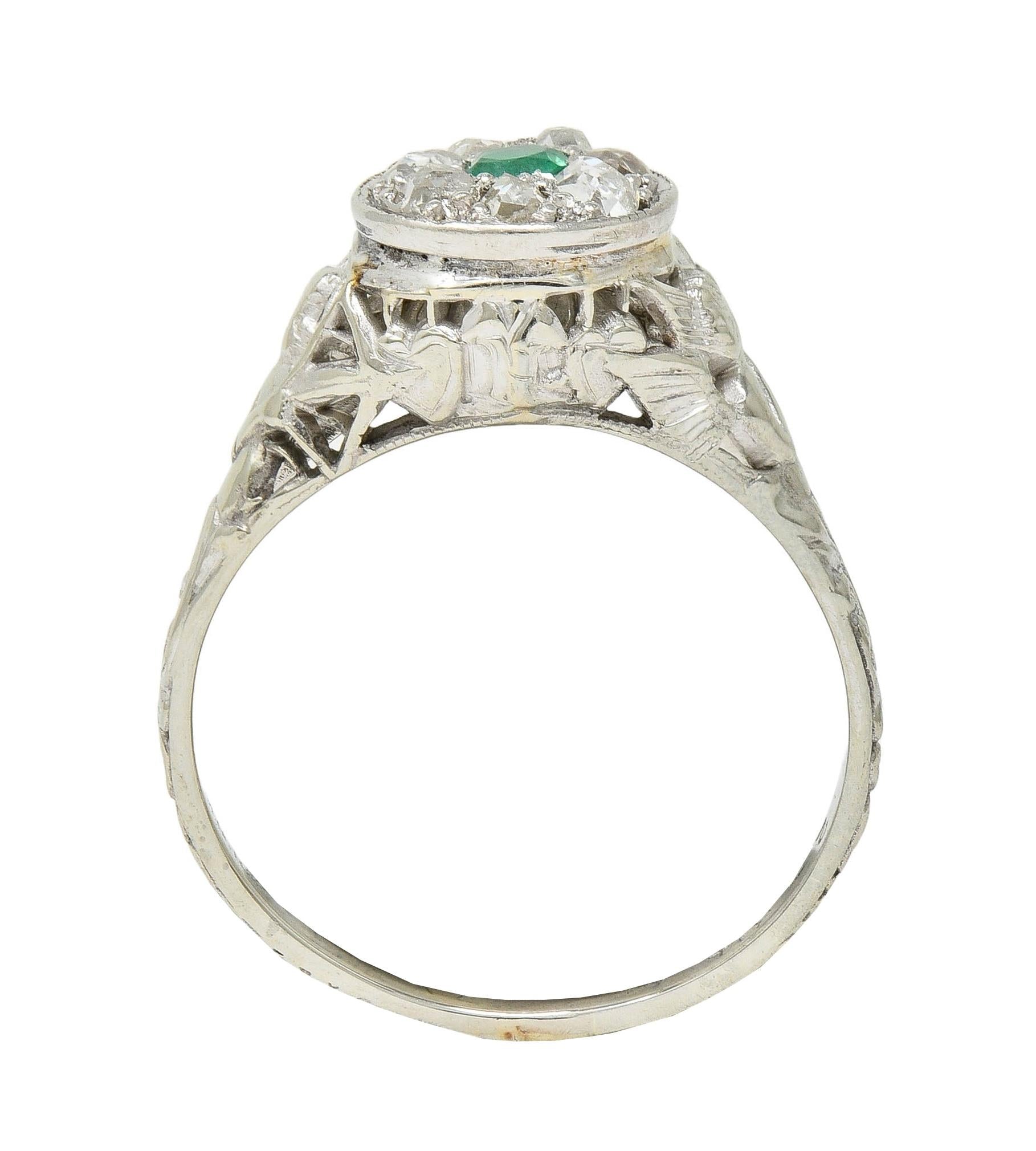 1940's Emerald Diamond 18 Karat White Gold Vintage Cupid Cluster Ring