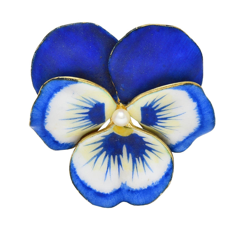 A.J. Hedges Art Nouveau Blue Enamel Pearl 14 Karat Gold Antique Pansy Brooch