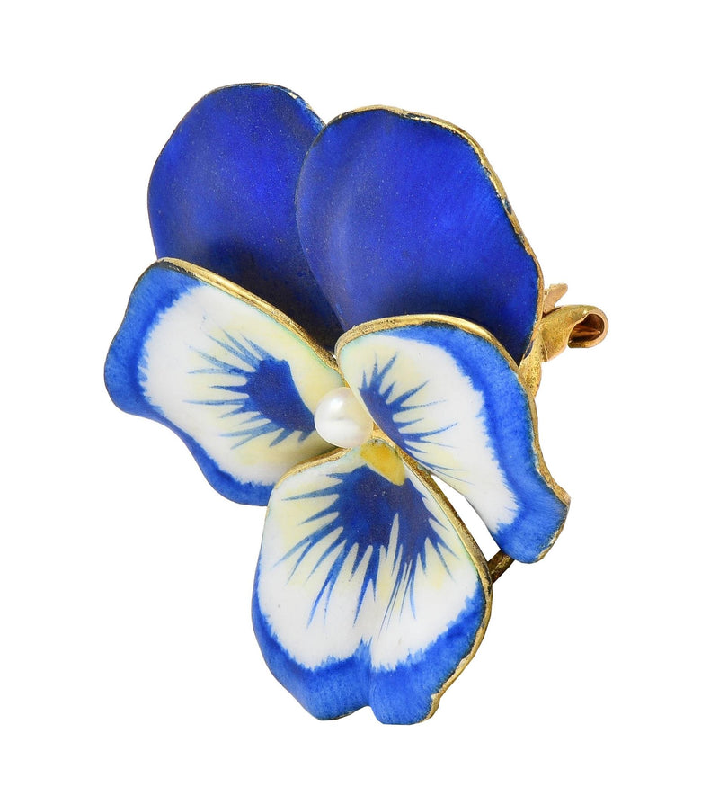 A.J. Hedges Art Nouveau Blue Enamel Pearl 14 Karat Gold Antique Pansy Brooch
