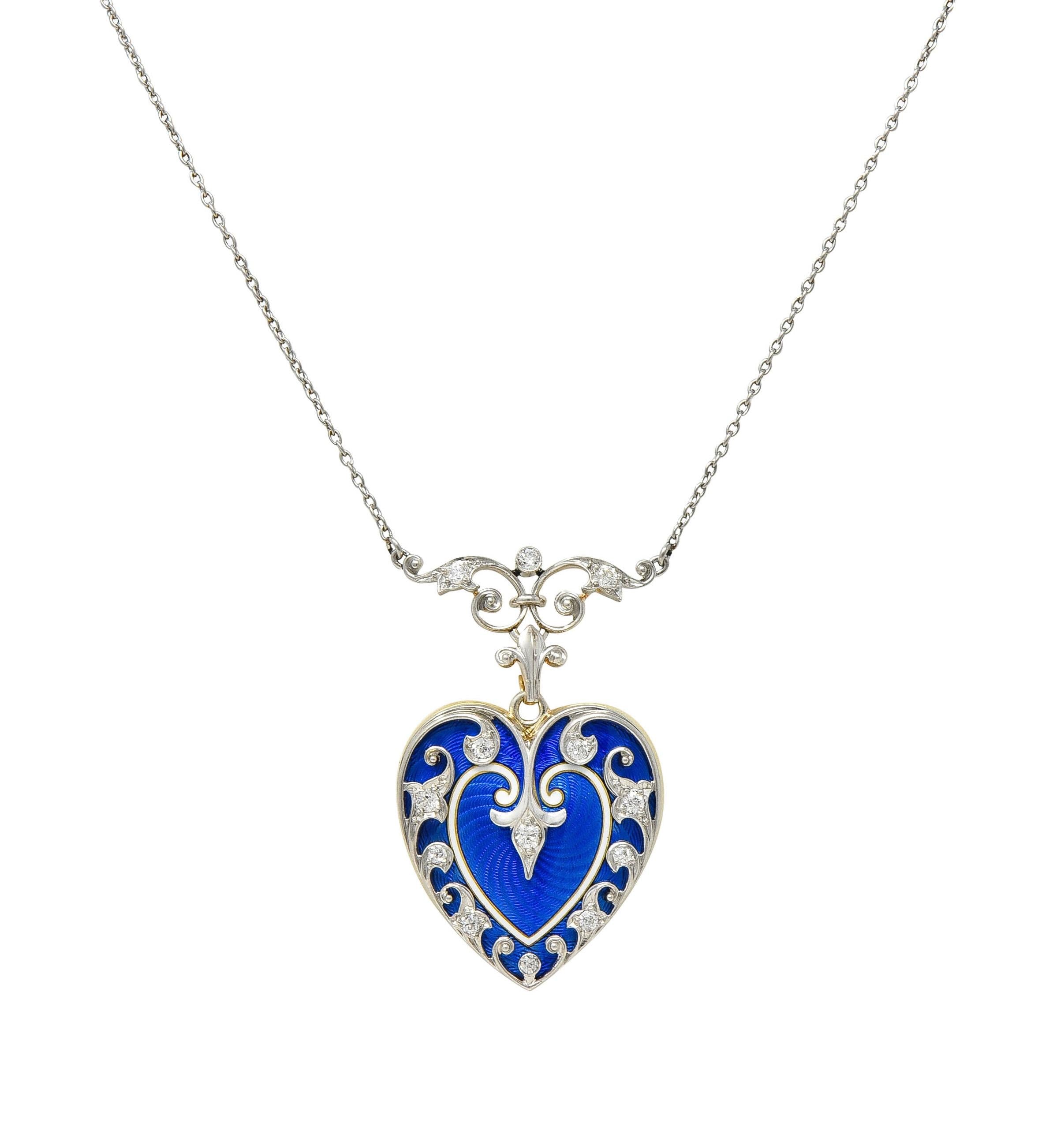 Edwardian Diamond Enamel Platinum 14K Gold Antique Heart Locket Pendant Necklace