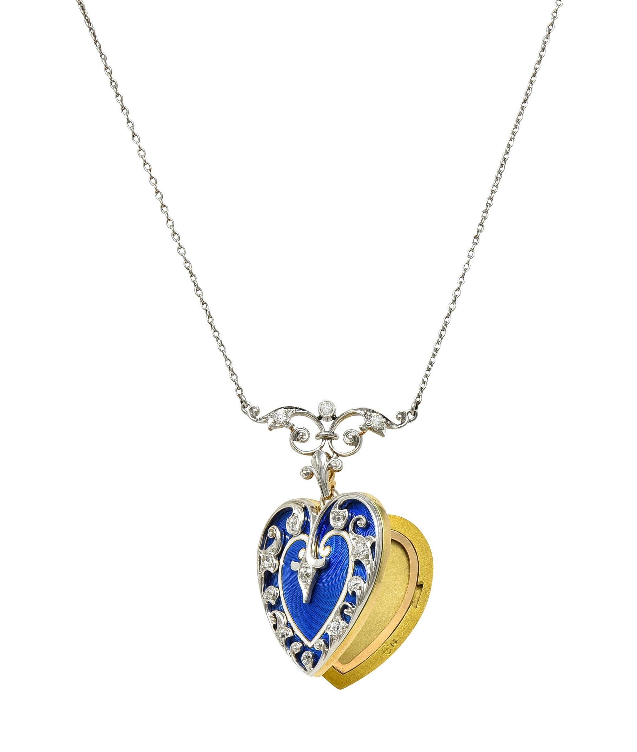 Edwardian Diamond Enamel Platinum 14K Gold Antique Heart Locket Pendant Necklace