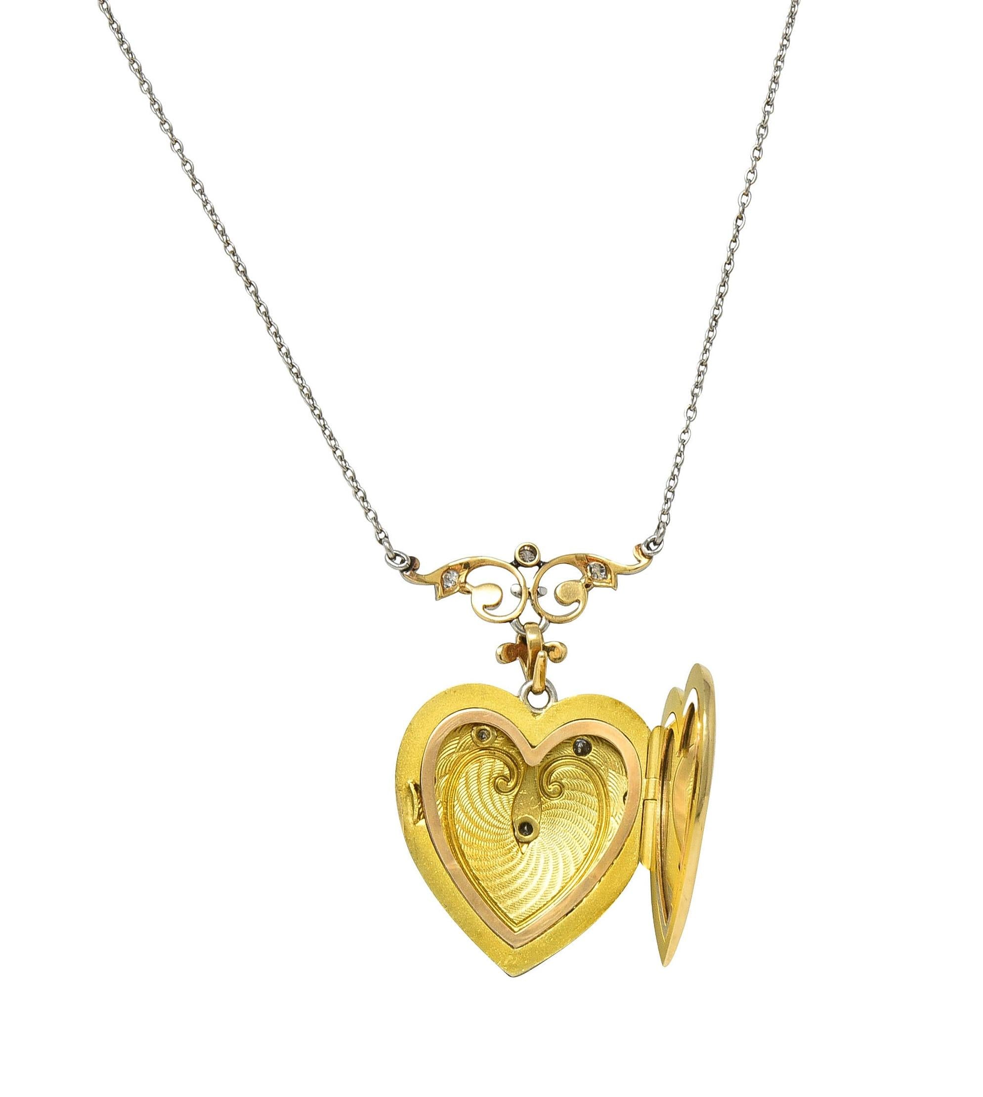 Edwardian Diamond Enamel Platinum 14K Gold Antique Heart Locket Pendant Necklace