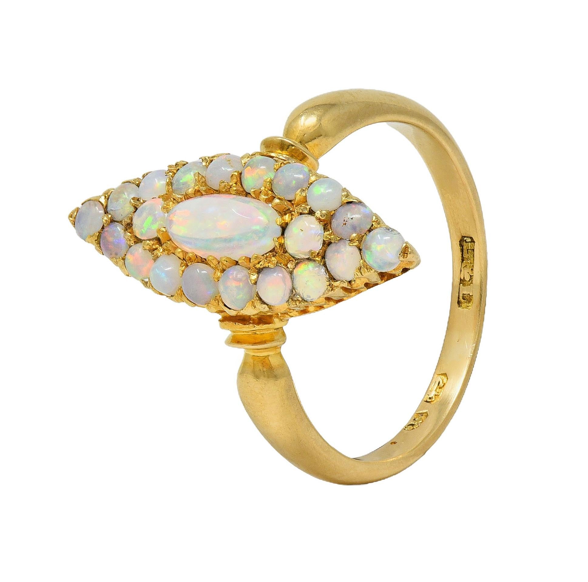 Victorian 1897 Opal Cabochon 18 Karat Yellow Gold Antique Navette Cluster Ring