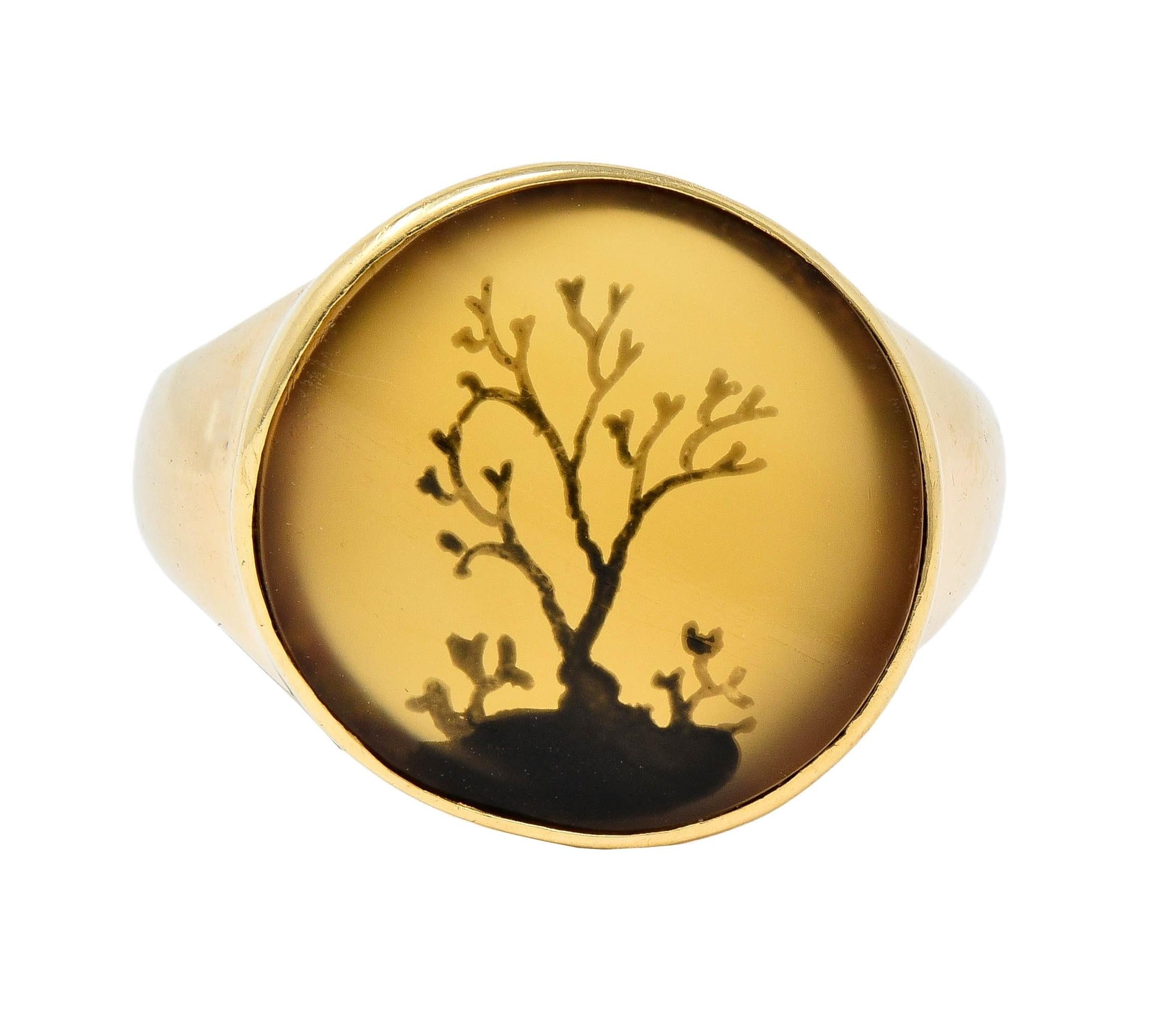 Victorian Dendritic Agate 10 Karat Yellow Gold Antique Tree Of Life Signet Ring