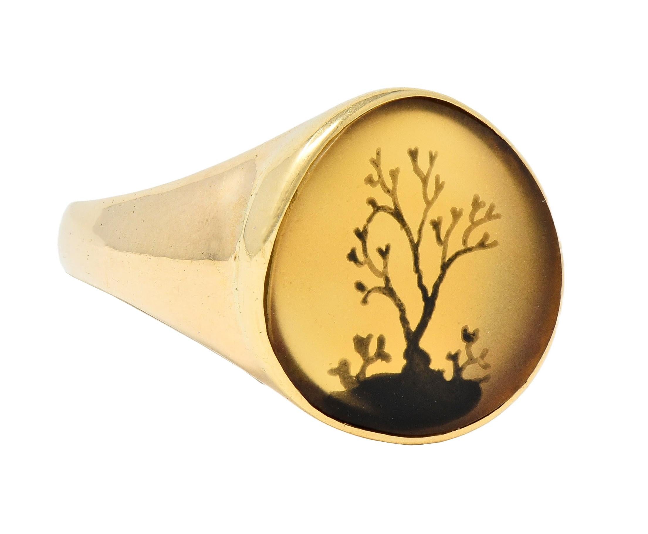 Victorian Dendritic Agate 10 Karat Yellow Gold Antique Tree Of Life Signet Ring