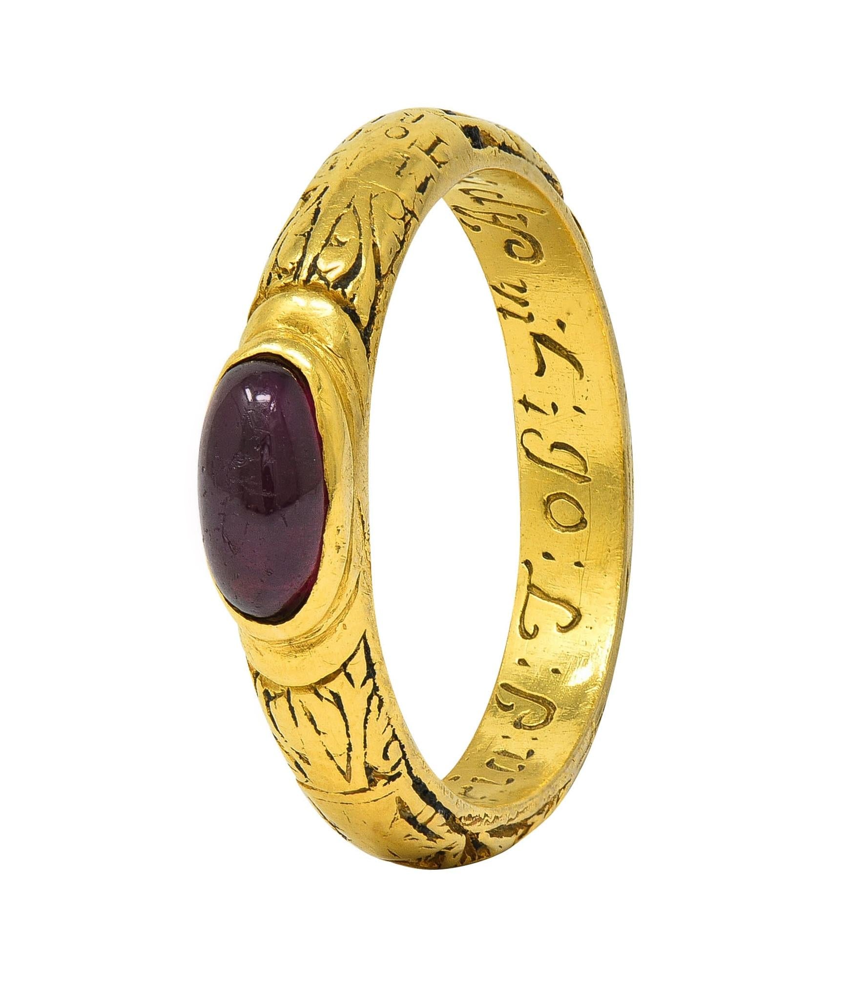 Georgian 1721 Ruby 18K Yellow Gold Antique Memento Mori Mourning Band Ring