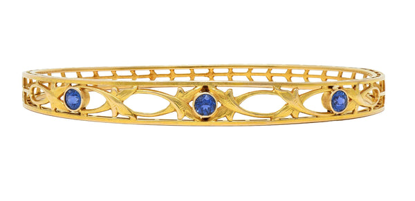 Burstow Kollmar Art Nouveau Sapphire 14K Yellow Gold Antique Bangle Bracelet