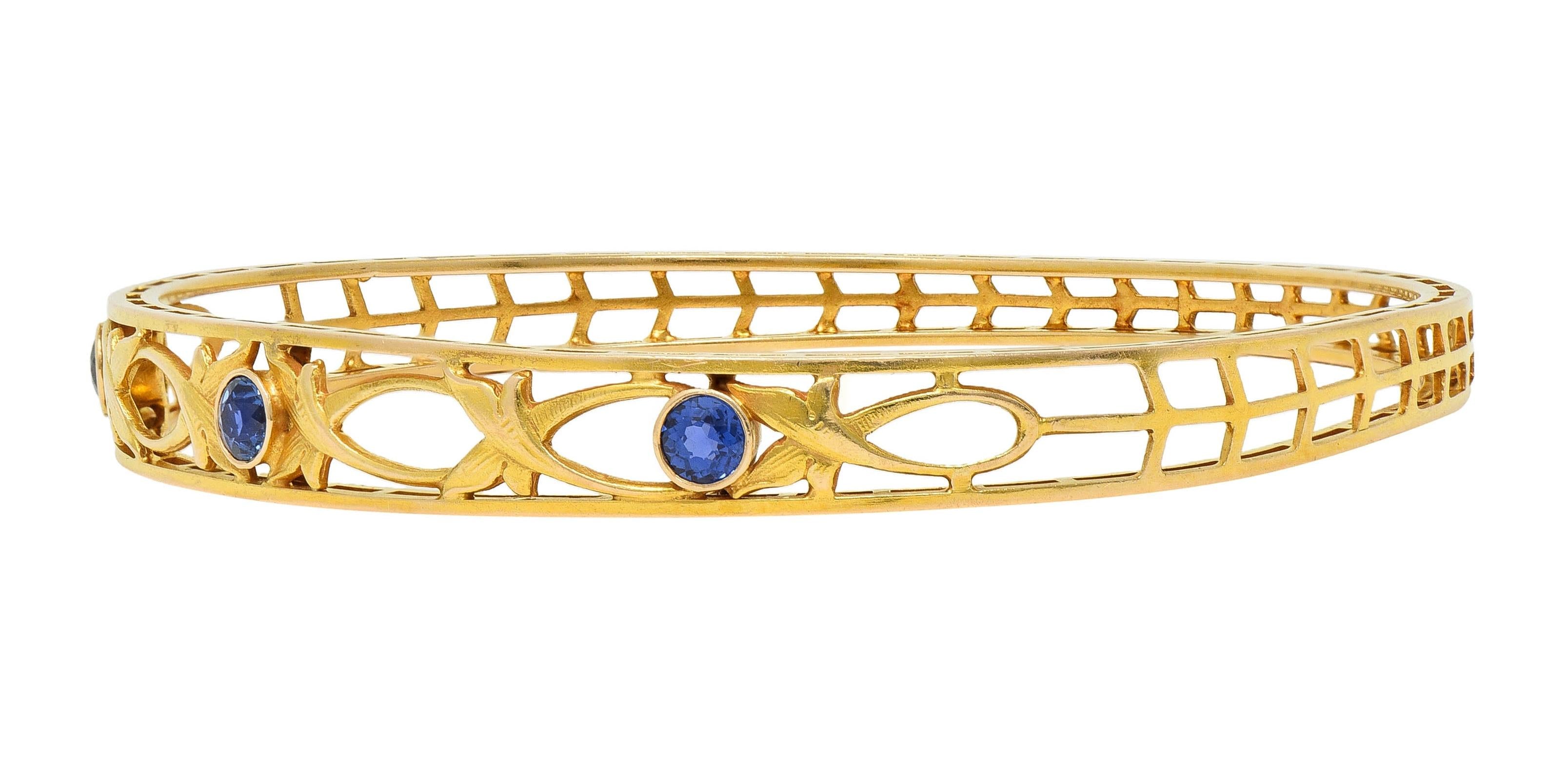 Burstow Kollmar Art Nouveau Sapphire 14K Yellow Gold Antique Bangle Bracelet