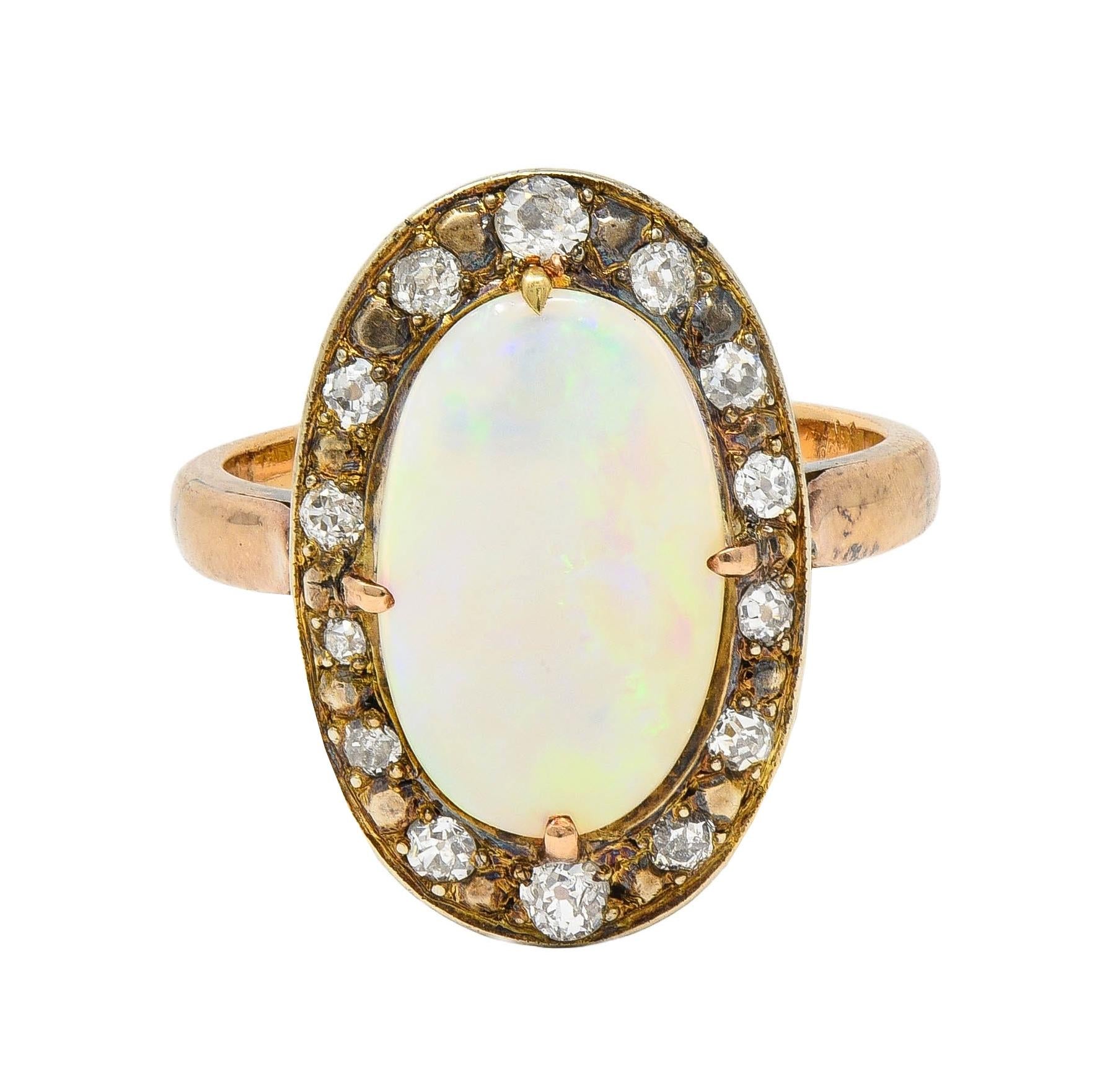 Victorian Opal Diamond 18 Karat Yellow Gold Antique Halo Ring