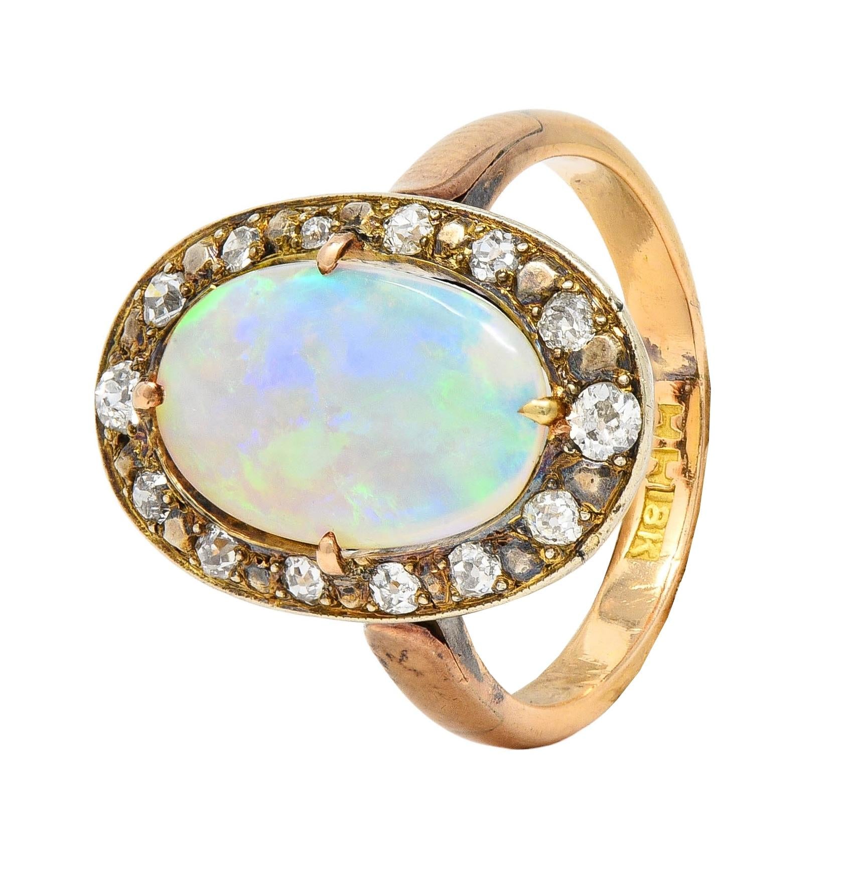 Victorian Opal Diamond 18 Karat Yellow Gold Antique Halo Ring