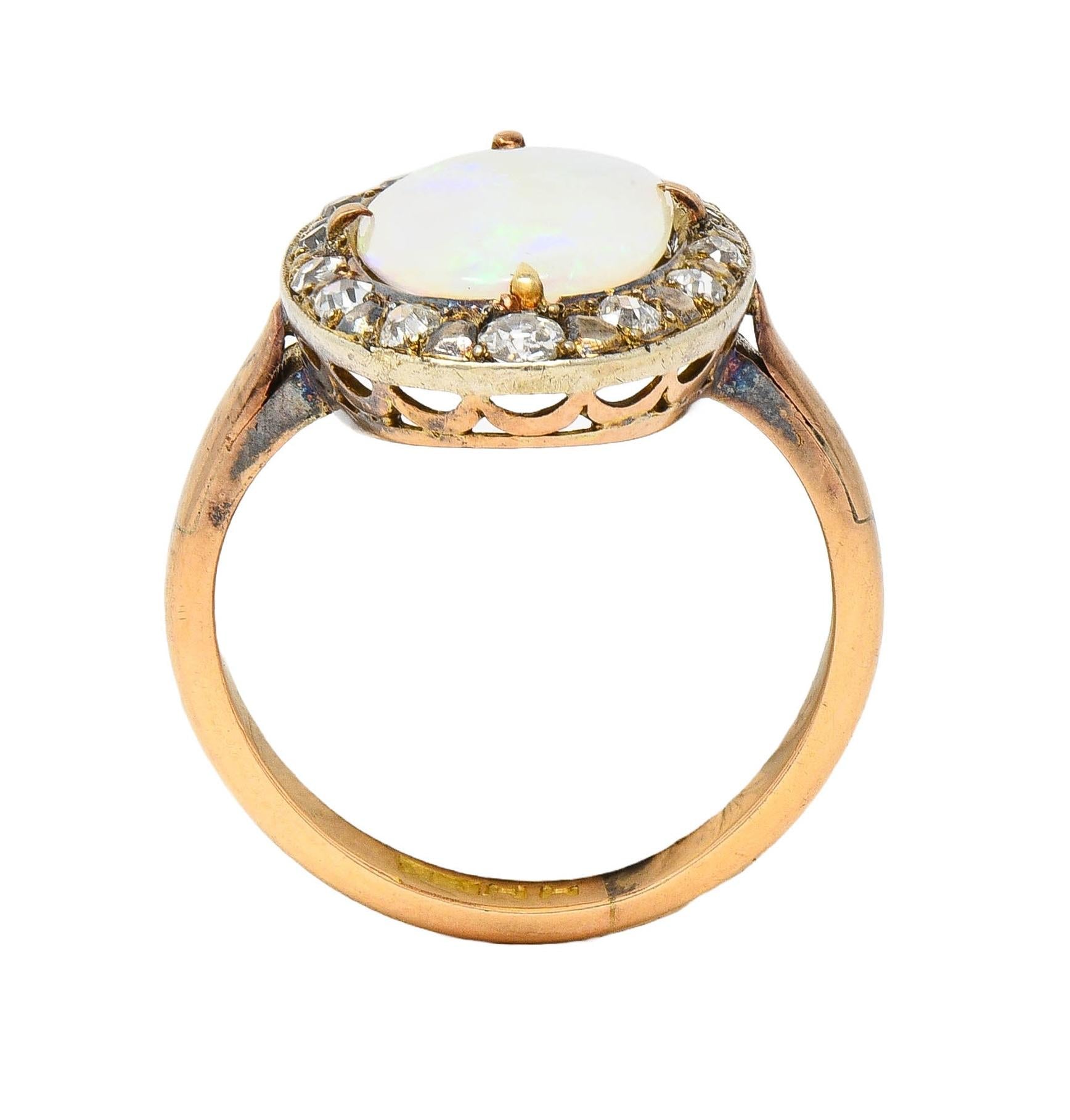 Victorian Opal Diamond 18 Karat Yellow Gold Antique Halo Ring