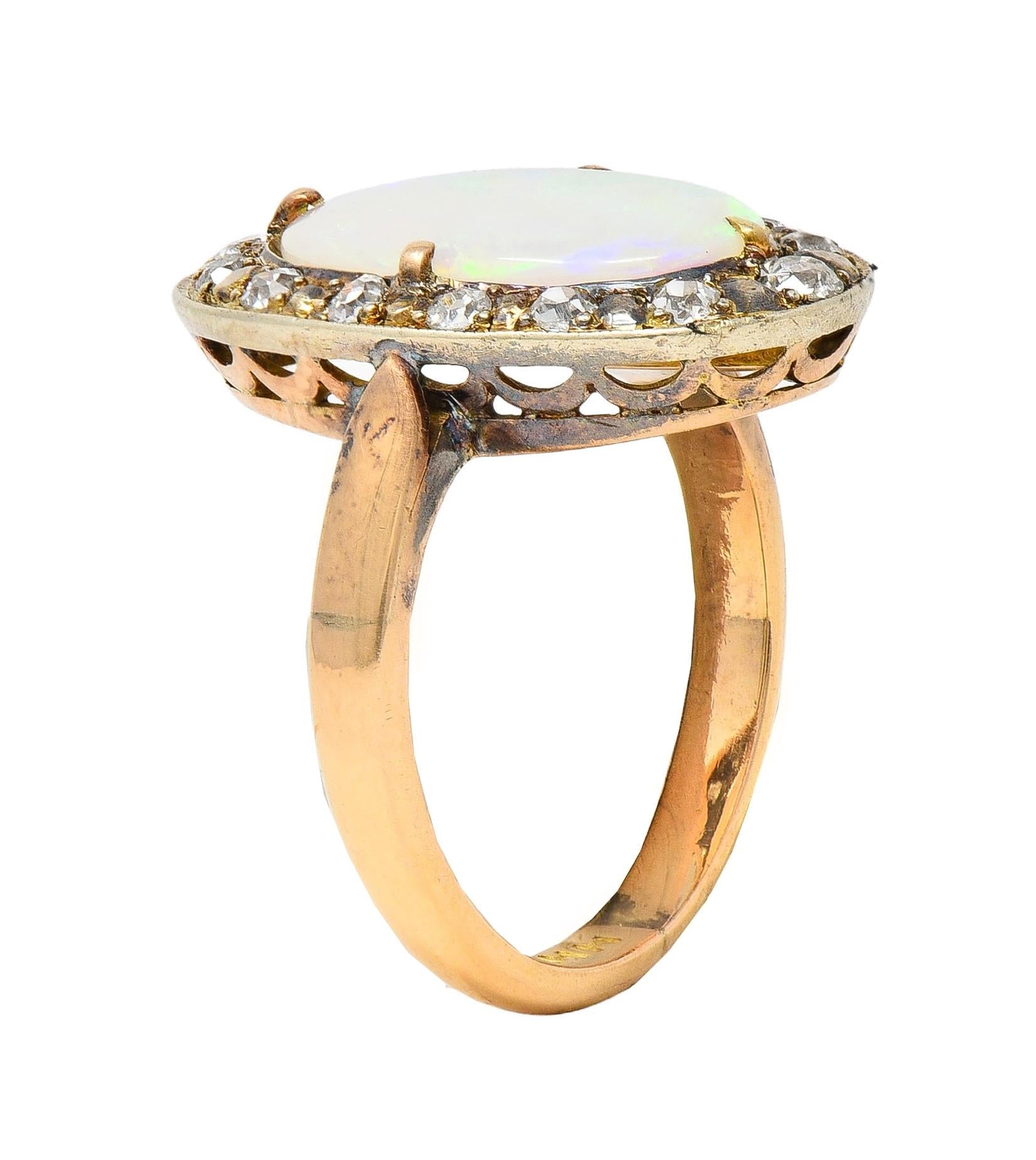 Victorian Opal Diamond 18 Karat Yellow Gold Antique Halo Ring