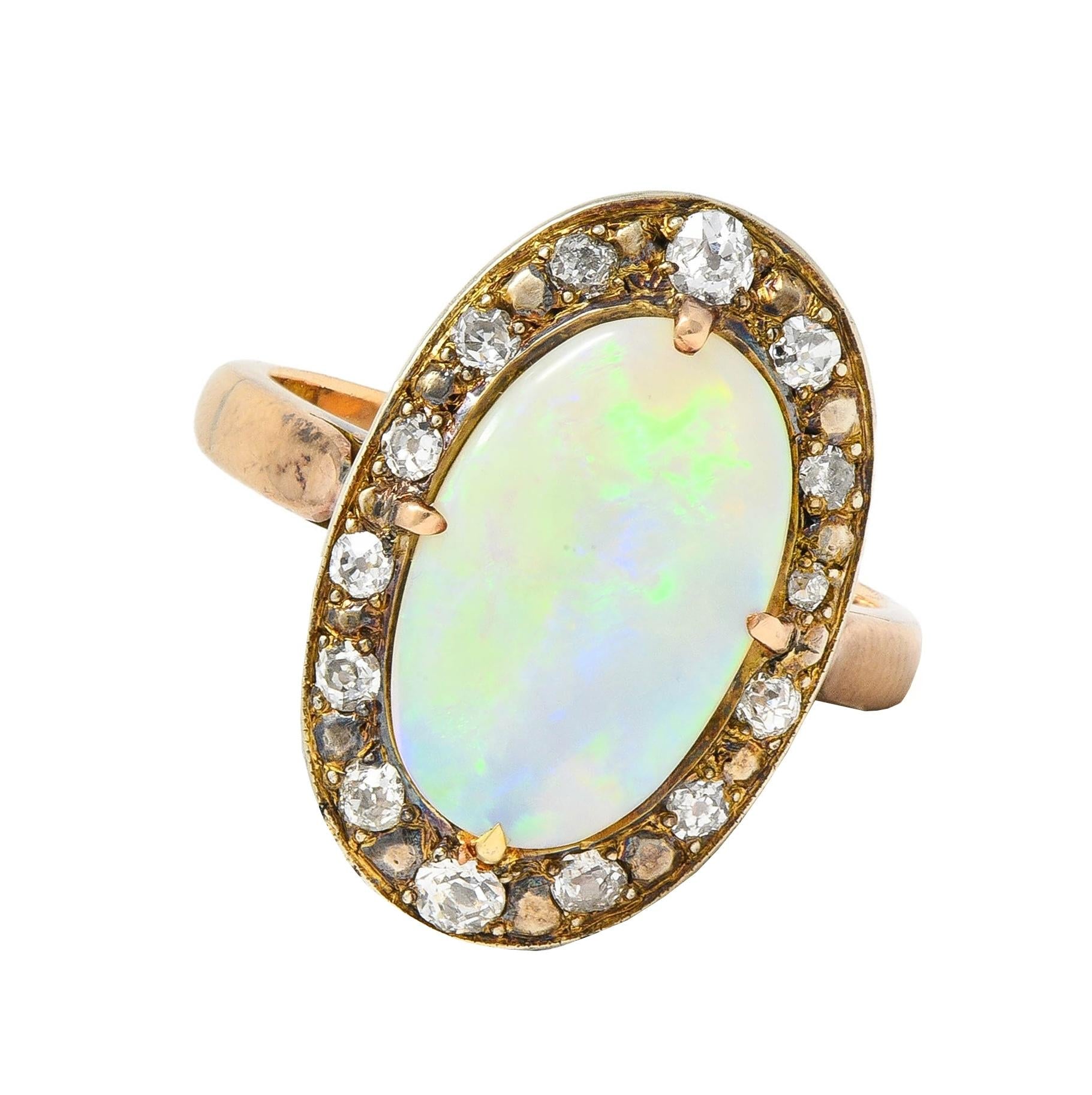 Victorian Opal Diamond 18 Karat Yellow Gold Antique Halo Ring