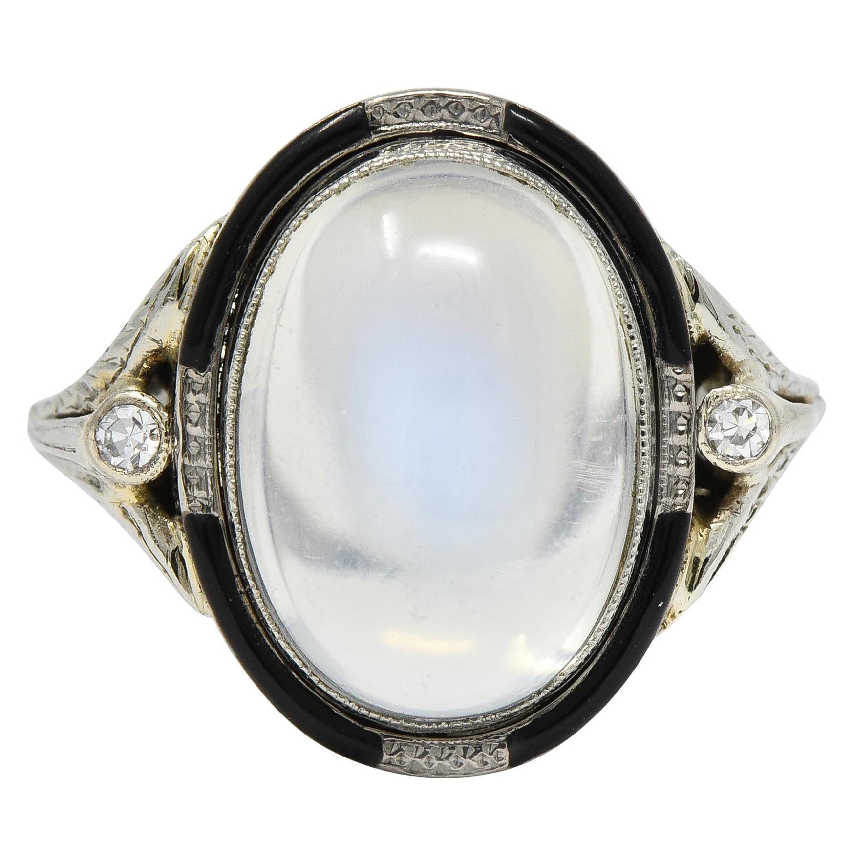 Art Deco Moonstone Diamond Enamel 18 Karat White Gold Vintage Cocktail Ring
