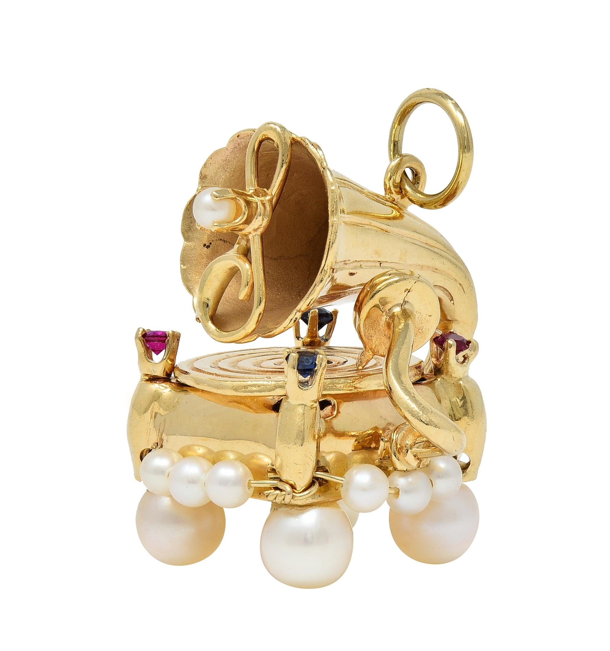 1960's Ruby Sapphire Pearl 14K Yellow Gold Vintage Record Player Pendant Charm