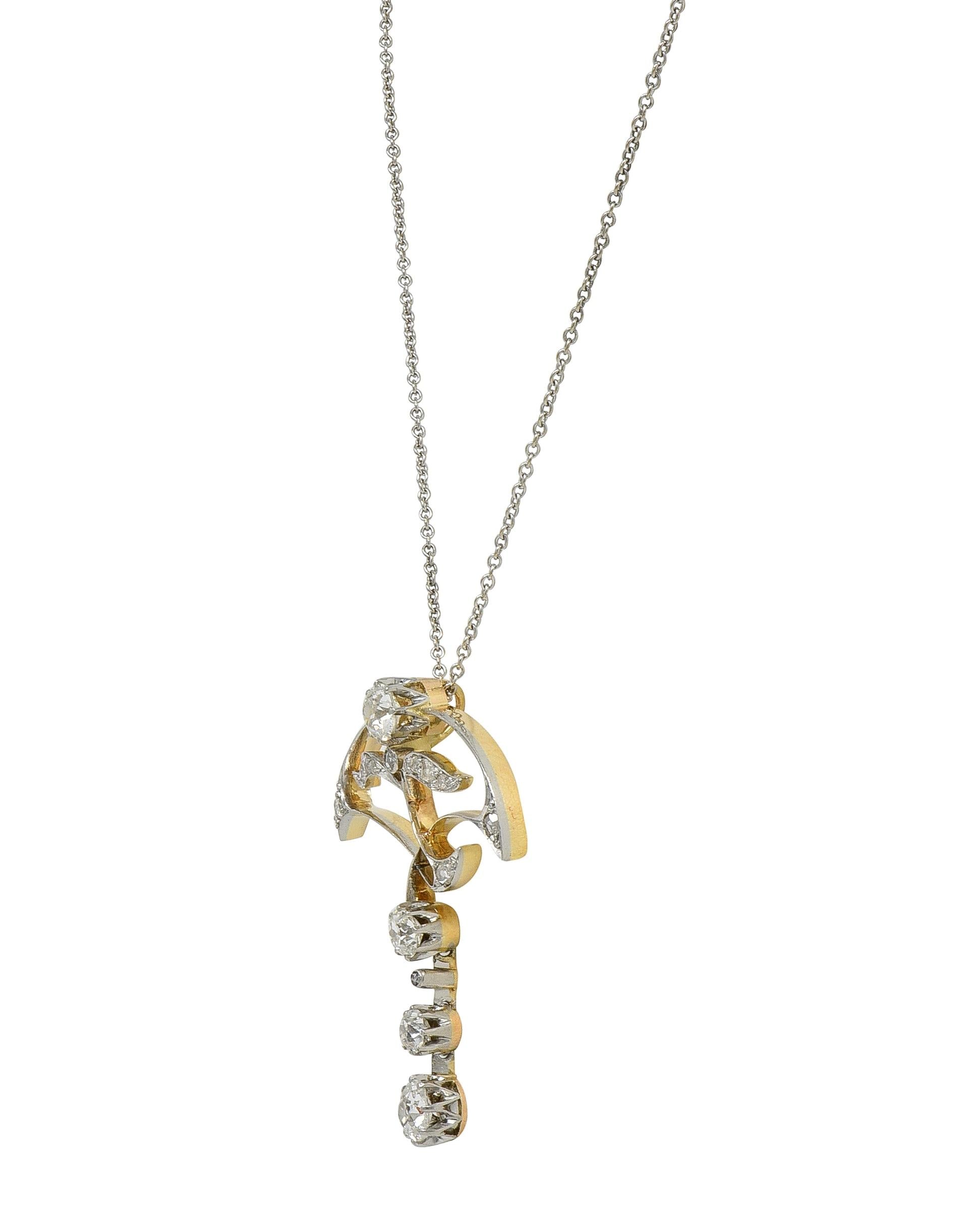 Edwardian 1.55 CTW Diamond Platinum 14K Gold Antique Floral Pendant Necklace