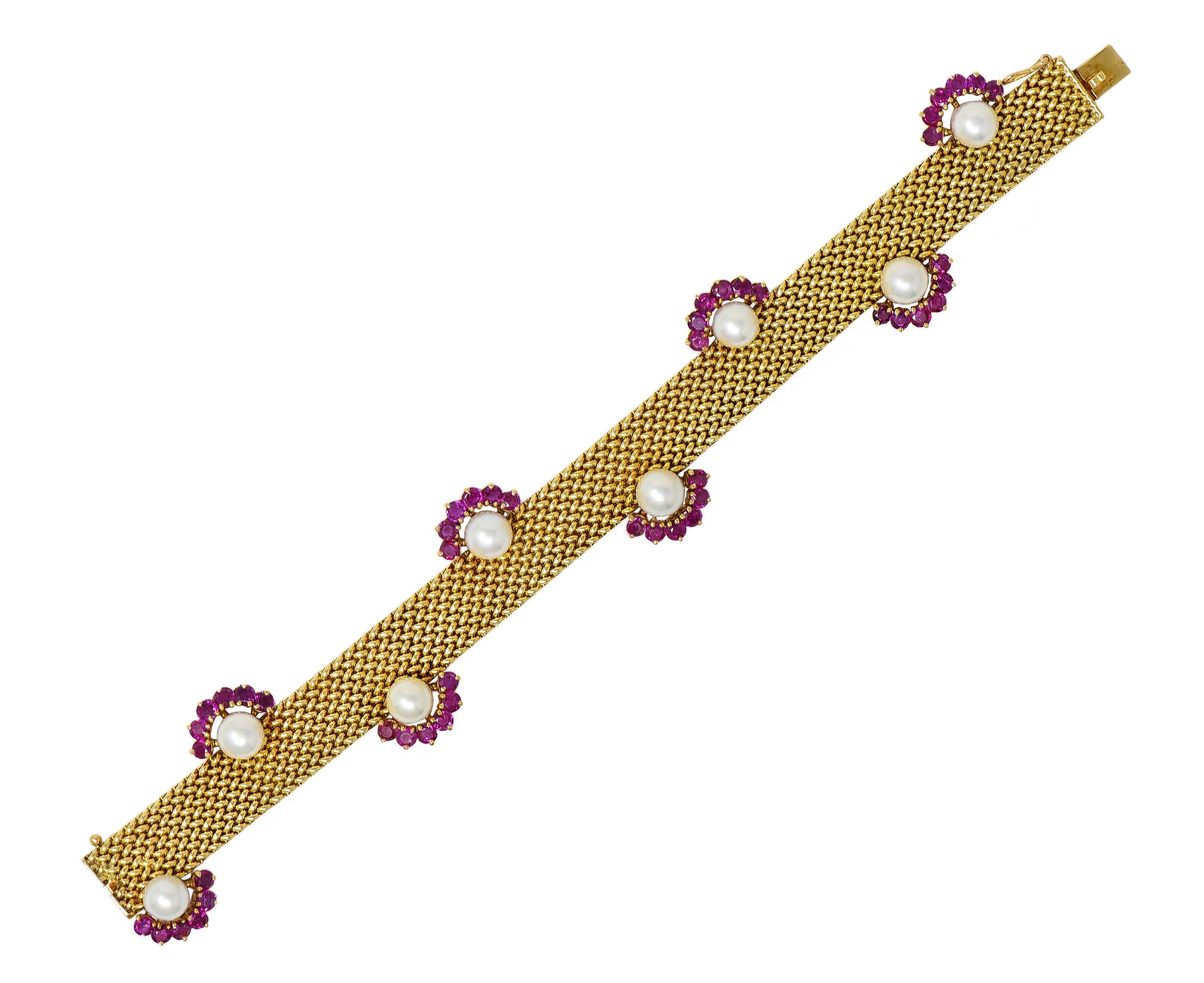 French 1960's Ruby Pearl 18 Karat Yellow Gold Woven Mesh Vintage Bracelet