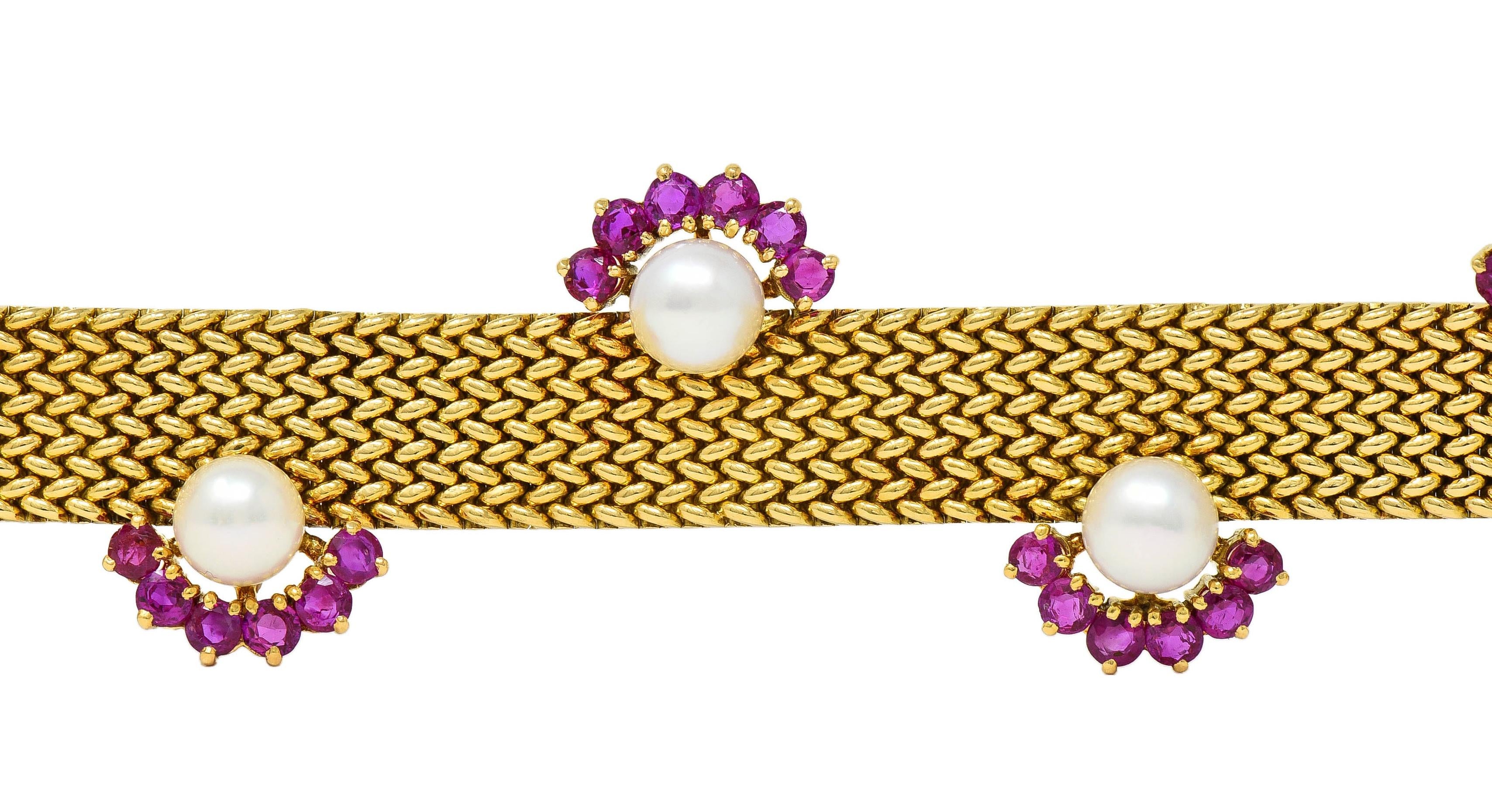 French 1960's Ruby Pearl 18 Karat Yellow Gold Woven Mesh Vintage Bracelet