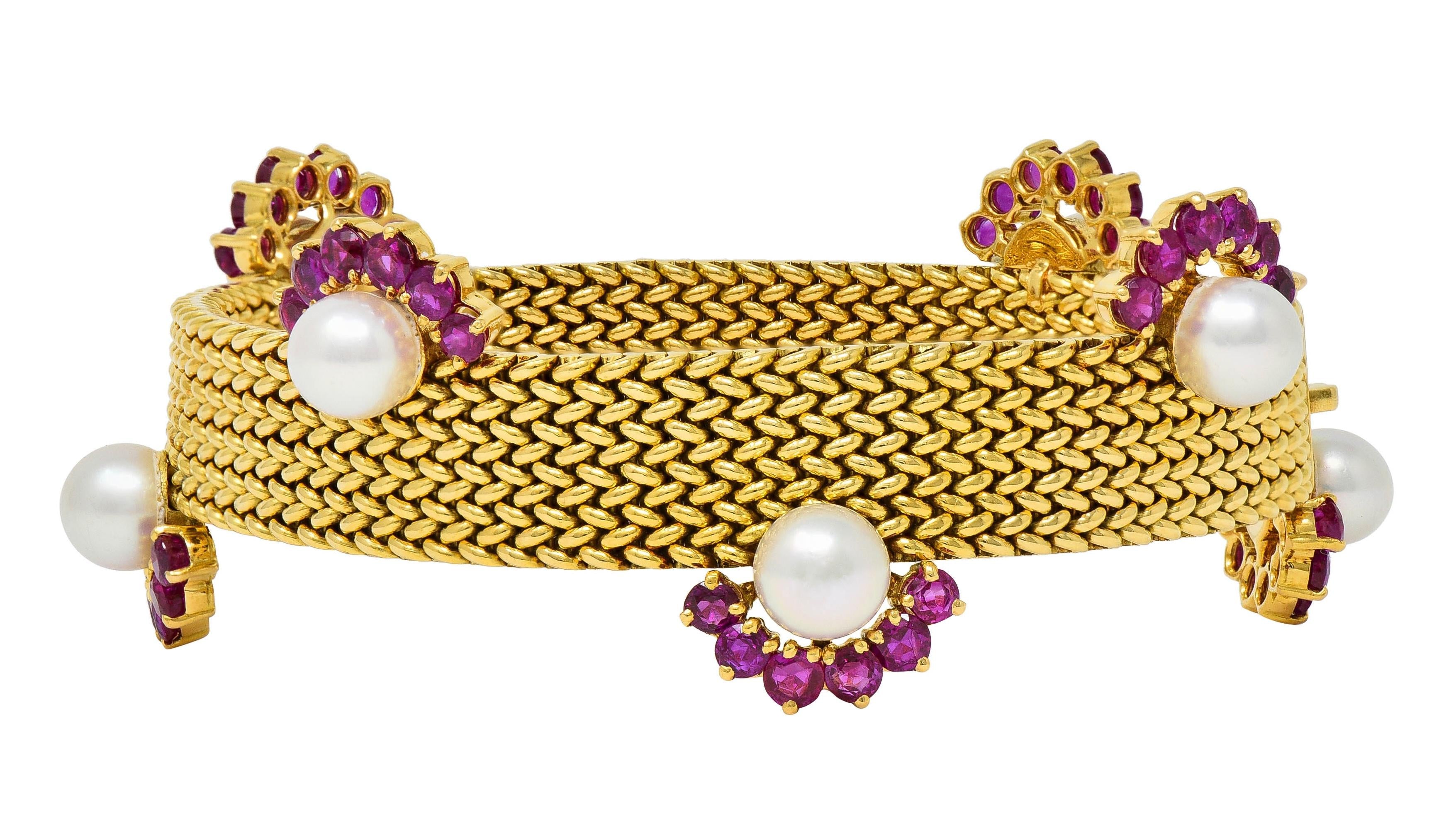 French 1960's Ruby Pearl 18 Karat Yellow Gold Woven Mesh Vintage Bracelet