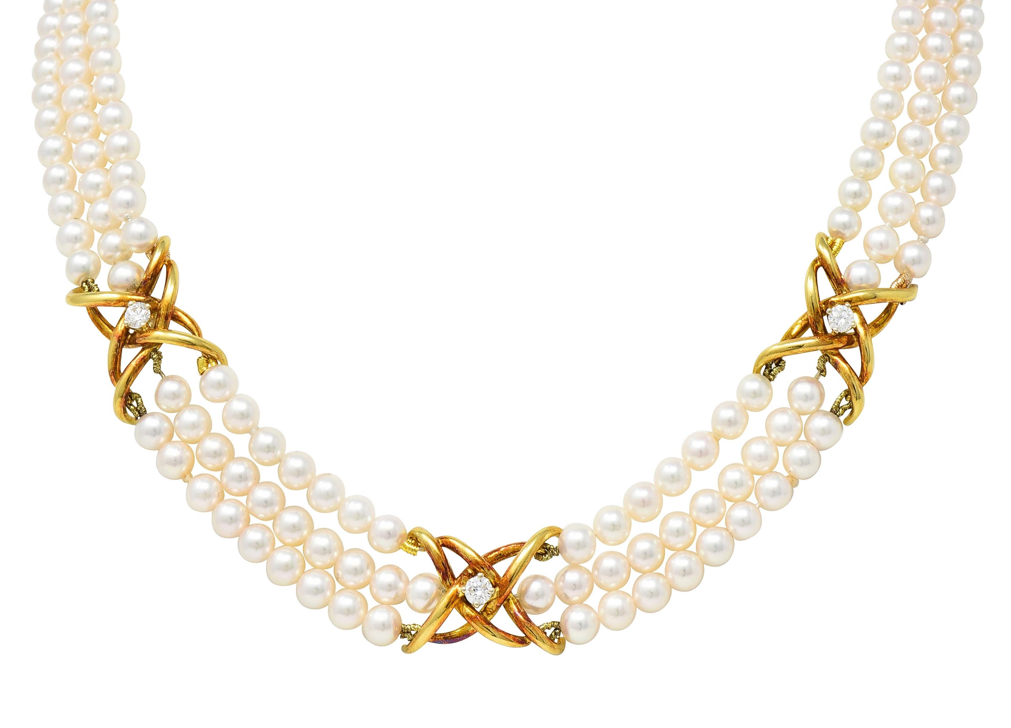 Tiffany & Co. 1980's Pearl Diamond 18 Karat Gold Vintage Multi-Strand Necklace