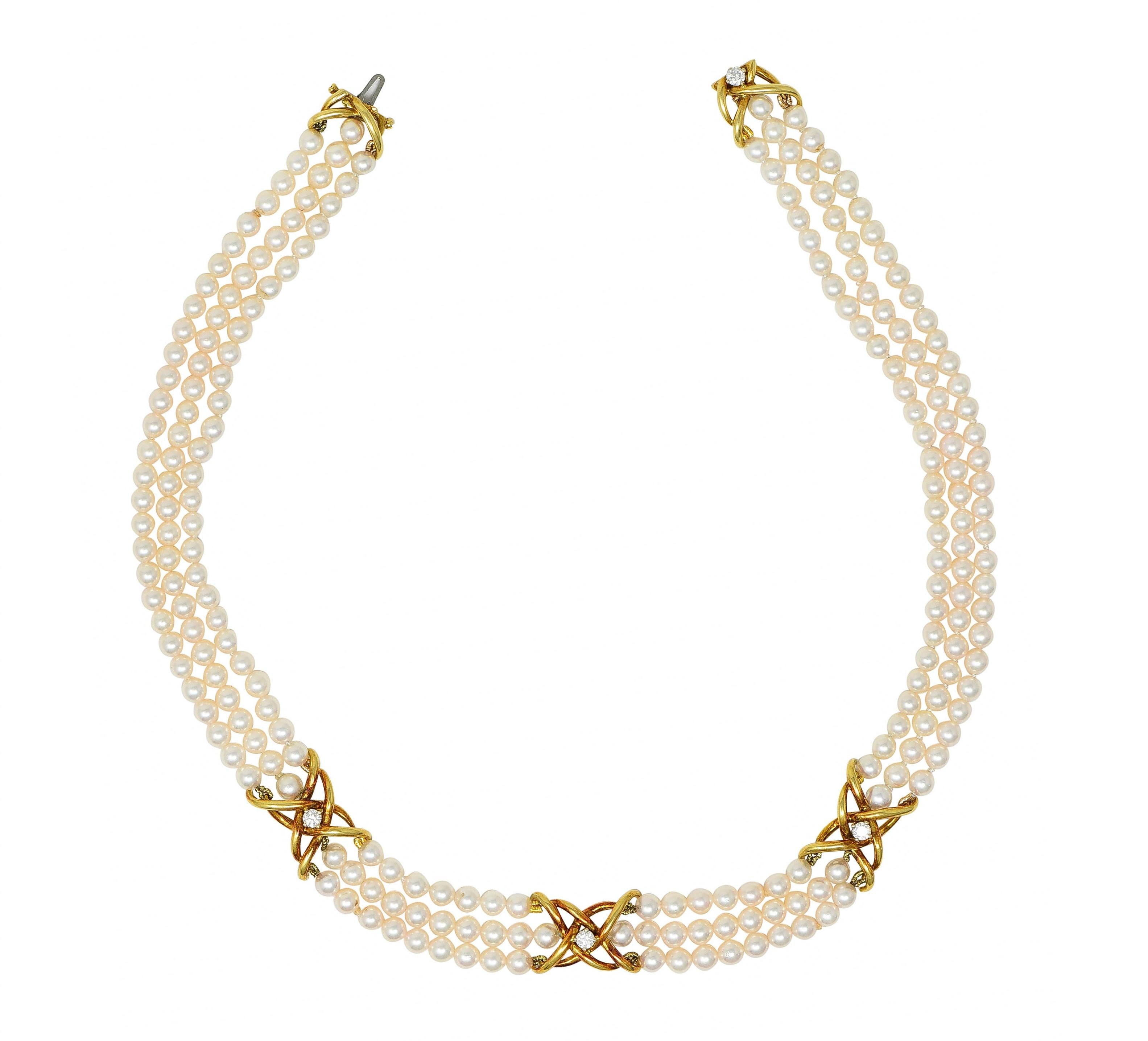 Tiffany & Co. 1980's Pearl Diamond 18 Karat Gold Vintage Multi-Strand Necklace