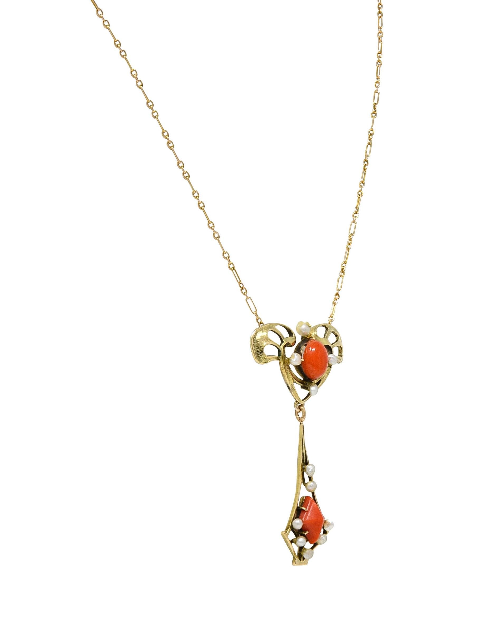 Art Nouveau Pearl Coral 14 Karat Yellow Gold Whiplash Antique Station Necklace