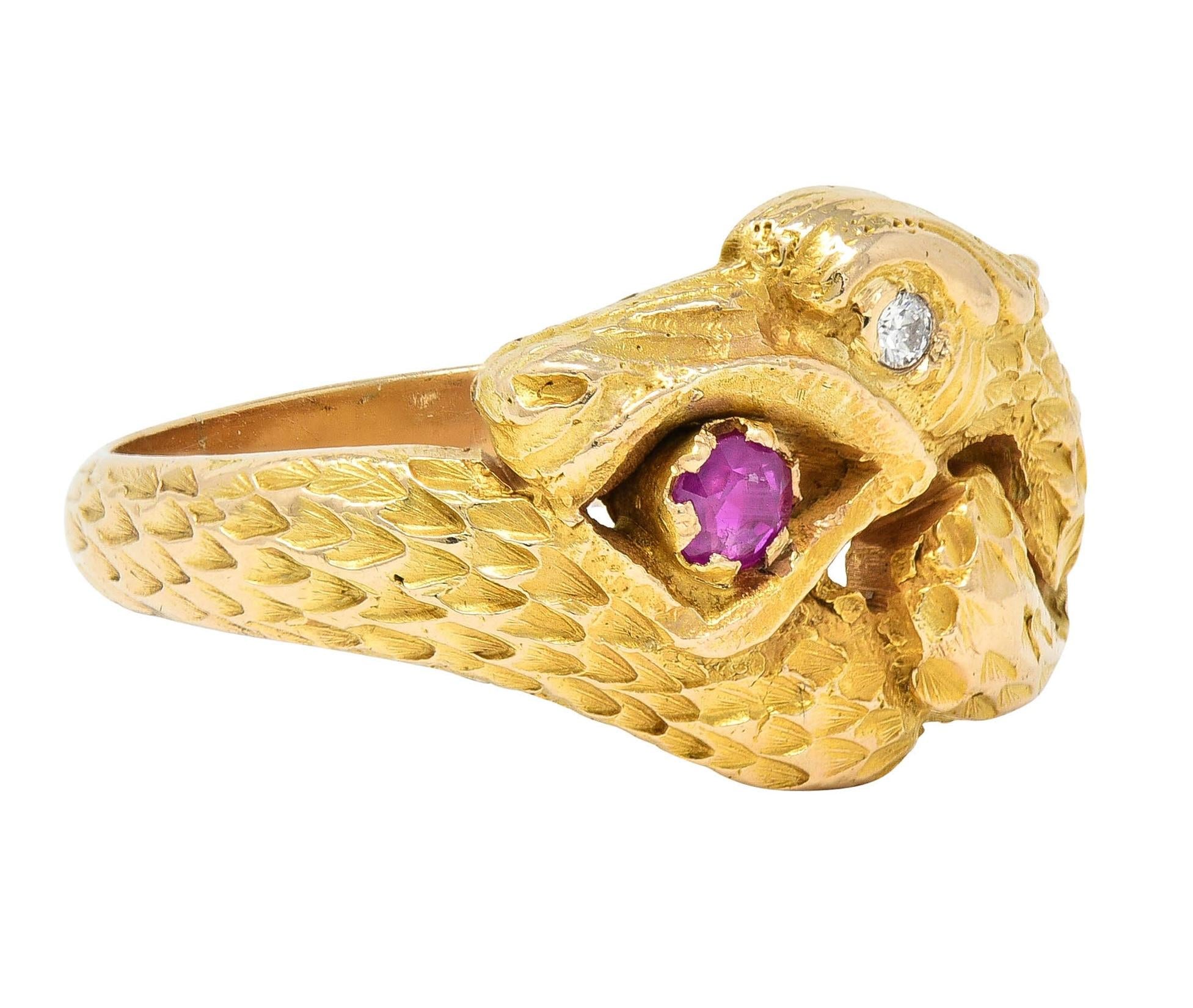 Victorian Ruby Diamond 14 Karat Yellow Gold Antique Unisex Griffin Ring