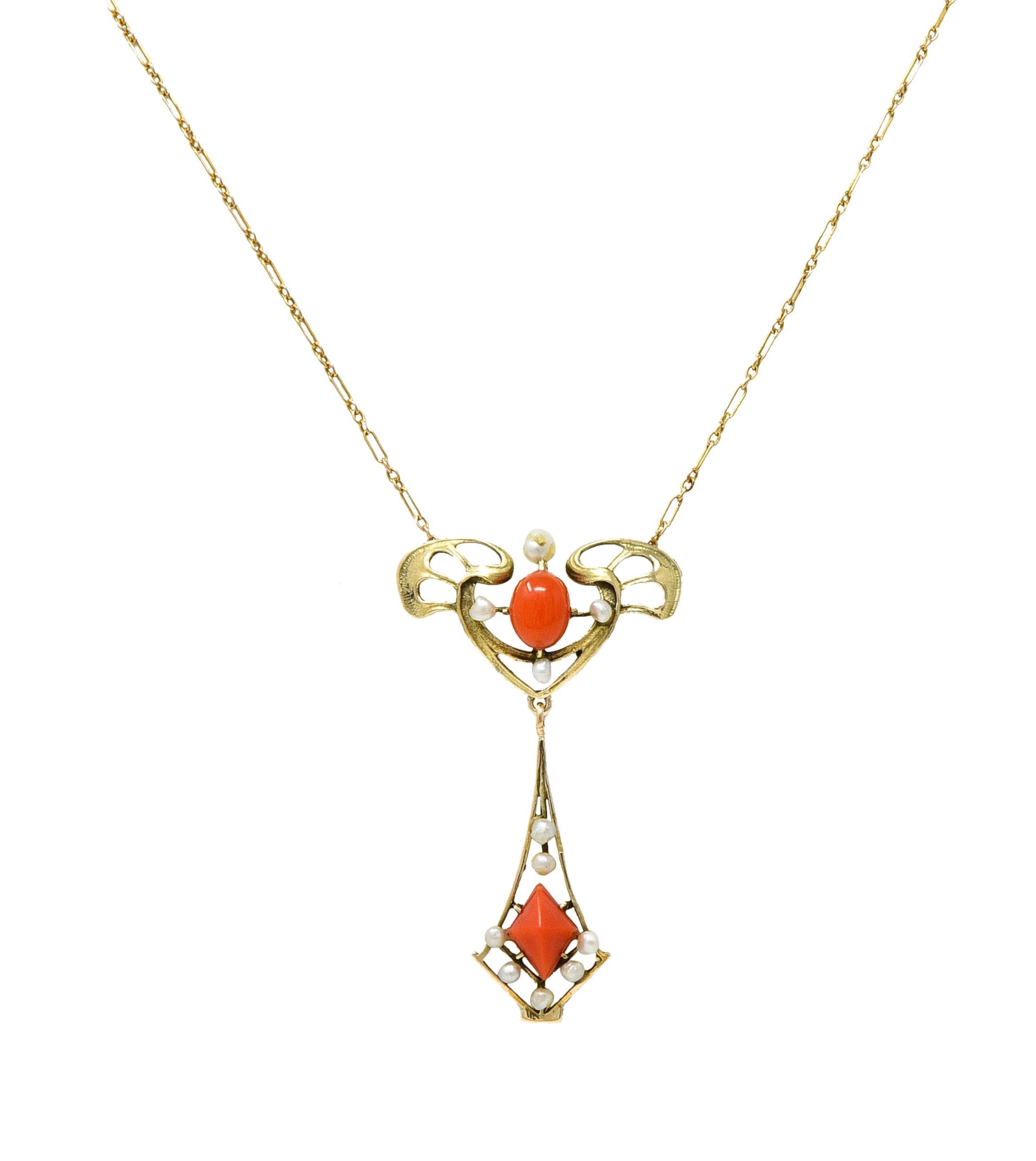 Art Nouveau Pearl Coral 14 Karat Yellow Gold Whiplash Antique Station Necklace