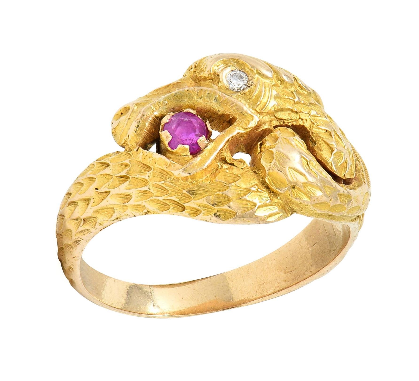 Victorian Ruby Diamond 14 Karat Yellow Gold Antique Unisex Griffin Ring