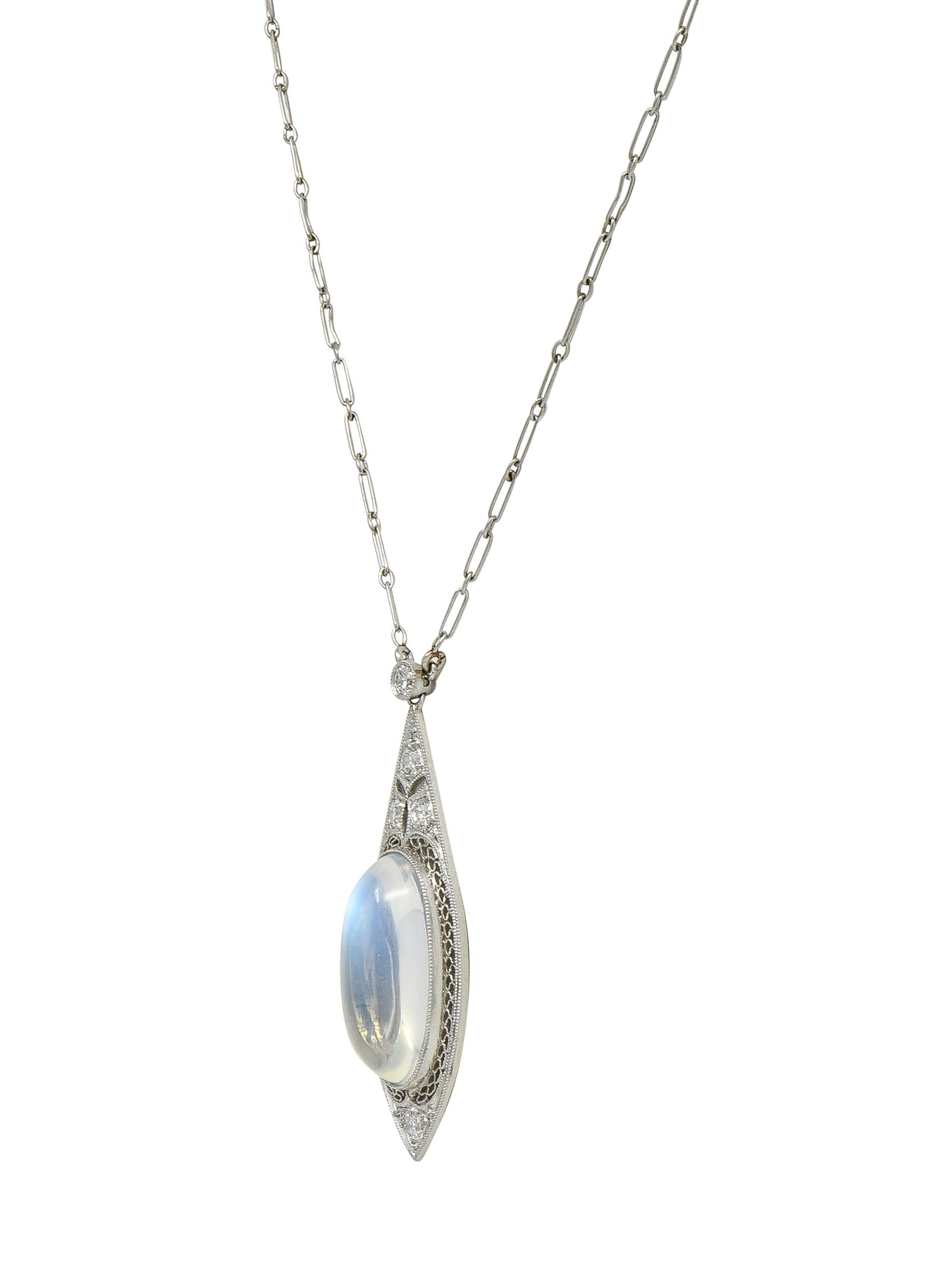 Early Art Deco Moonstone Diamond Platinum Antique Filigree Station Drop Necklace