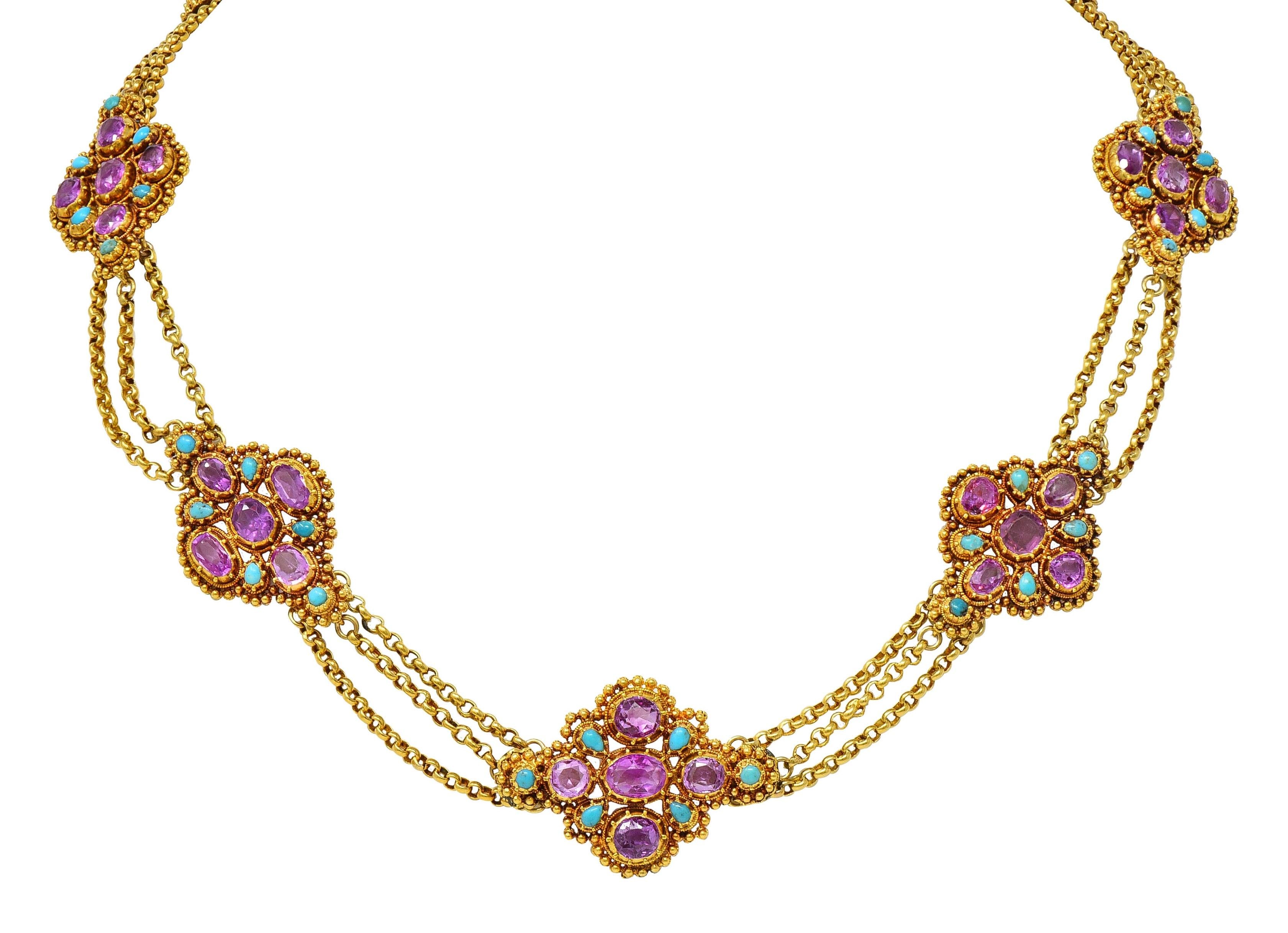 Victorian Etruscan Pink Sapphire Turquoise 18K Gold Antique Station Necklace