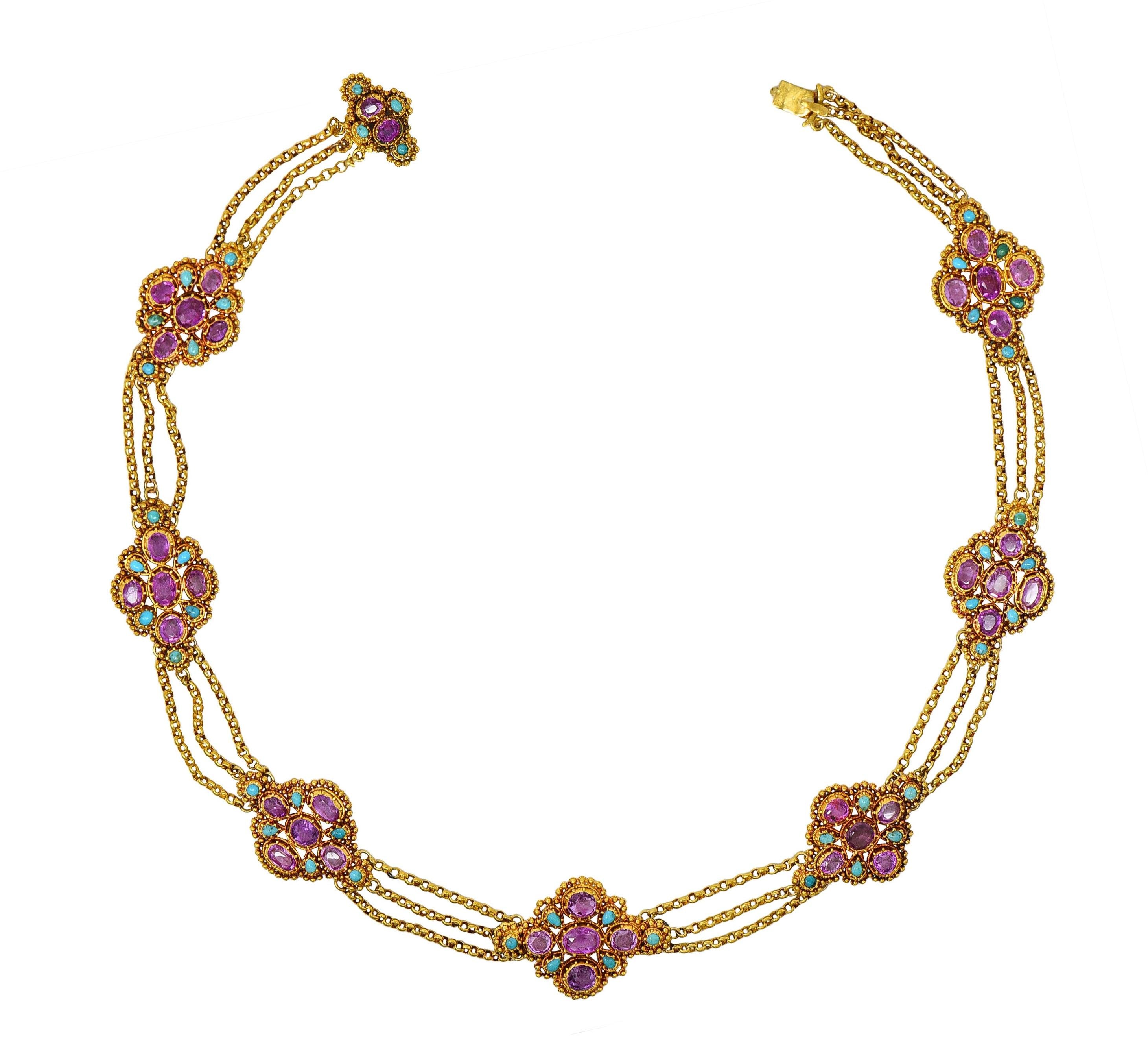 Victorian Etruscan Pink Sapphire Turquoise 18K Gold Antique Station Necklace